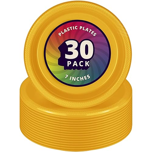 DecorRack 30 Small Plastic Plates, Heavy Duty 7 inch Disposable Party Ware for Kids Birthday, Cake Dessert Plates, Holiday Tableware, Yellow (Pack