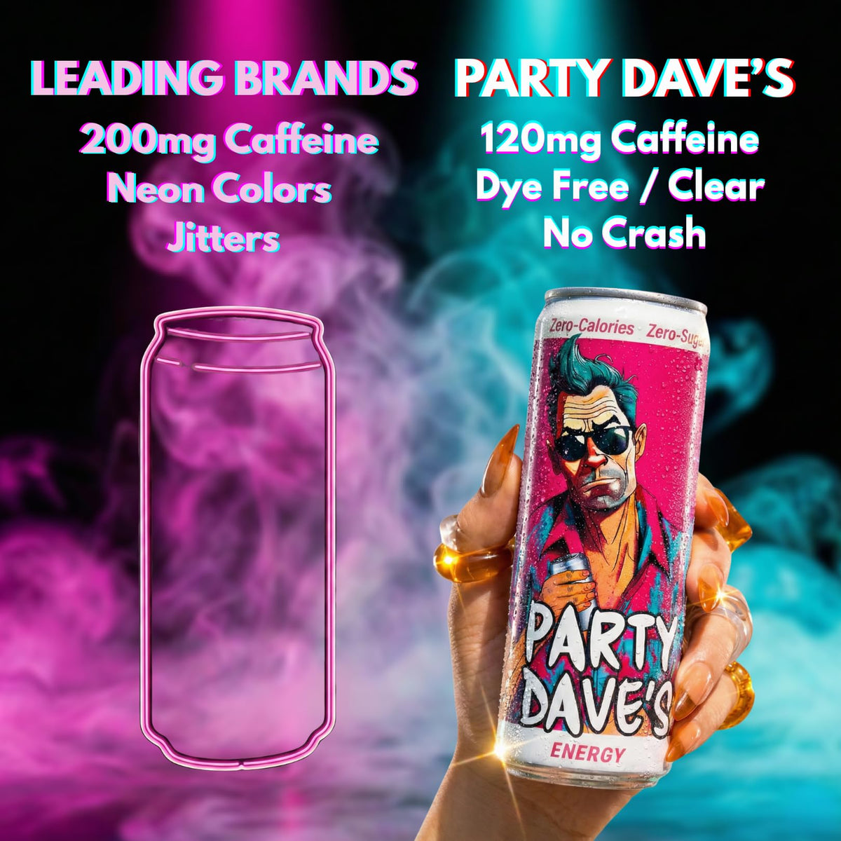 Party Dave's Zero Sugar Energy Drink, 12 Pack -120mg Natural Caffeine & L-Theanine for Focus, B-Vitamins (B6, B12, Biotin), Dye-Free, Original "Tart