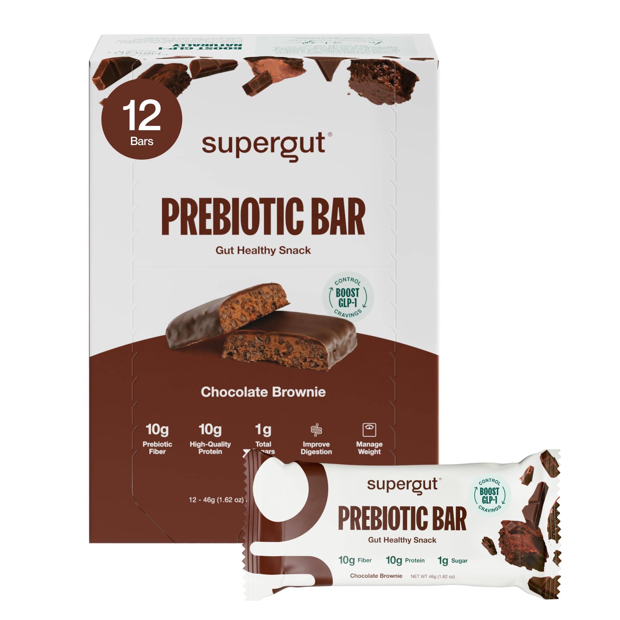 Supergut GLP-1 Boosting Prebiotic Bars, Chocolate Brownie - Gut Healthy Protein Snacks & Breakfast Bars - Keto-Friendly Meal Replacement Energy Bars