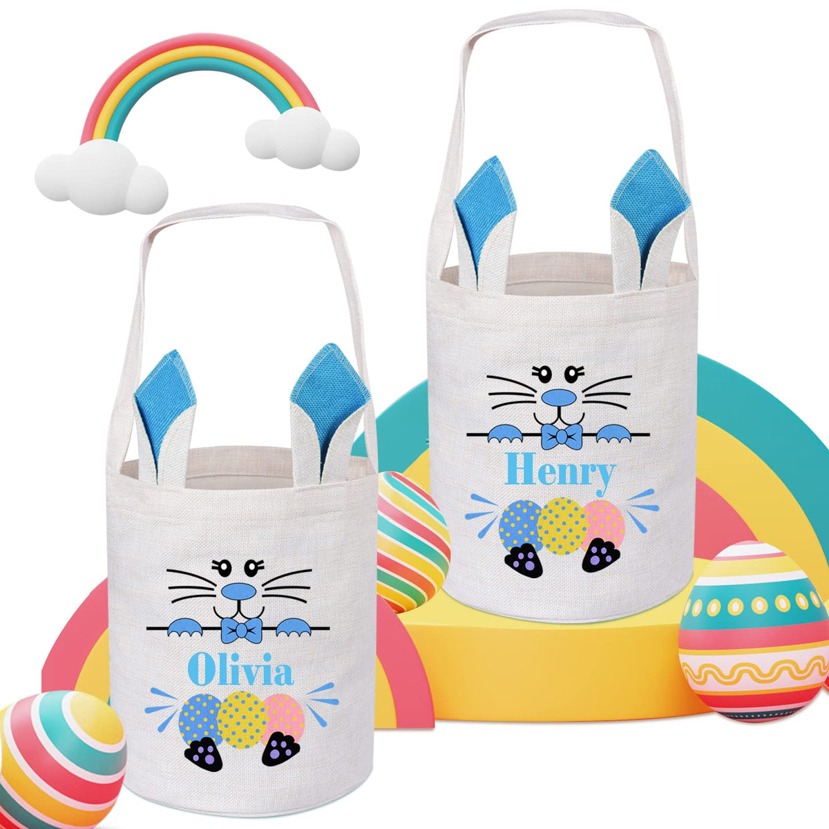 Touber Personalized Easter Baskets for Kids, 2 Pcs Easter Bunny Basket Ideas Easter Gifts for Baskets Easter Baskets with Name Easter Egg Hunt Basket