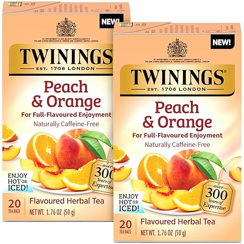 Twinings Peach & Orange Herbal Tea 2-Pack (20 Tea Bags Ea) - Naturally Caffeine-Free Sweet & Juicy Tea + Reusable Tea Bag Holder