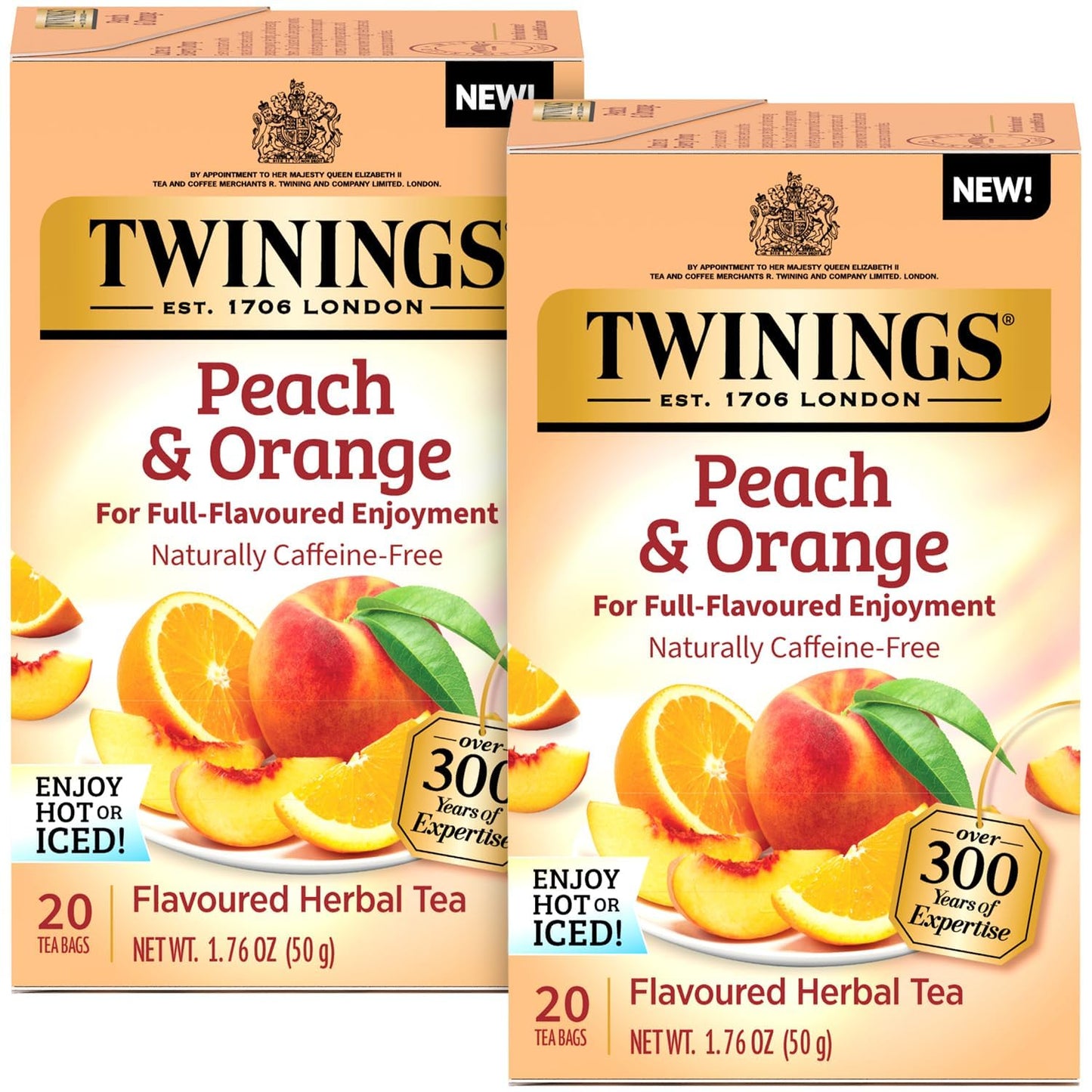 Twinings Peach & Orange Herbal Tea 2-Pack (20 Tea Bags Ea) - Naturally Caffeine-Free Sweet & Juicy Tea + Reusable Tea Bag Holder