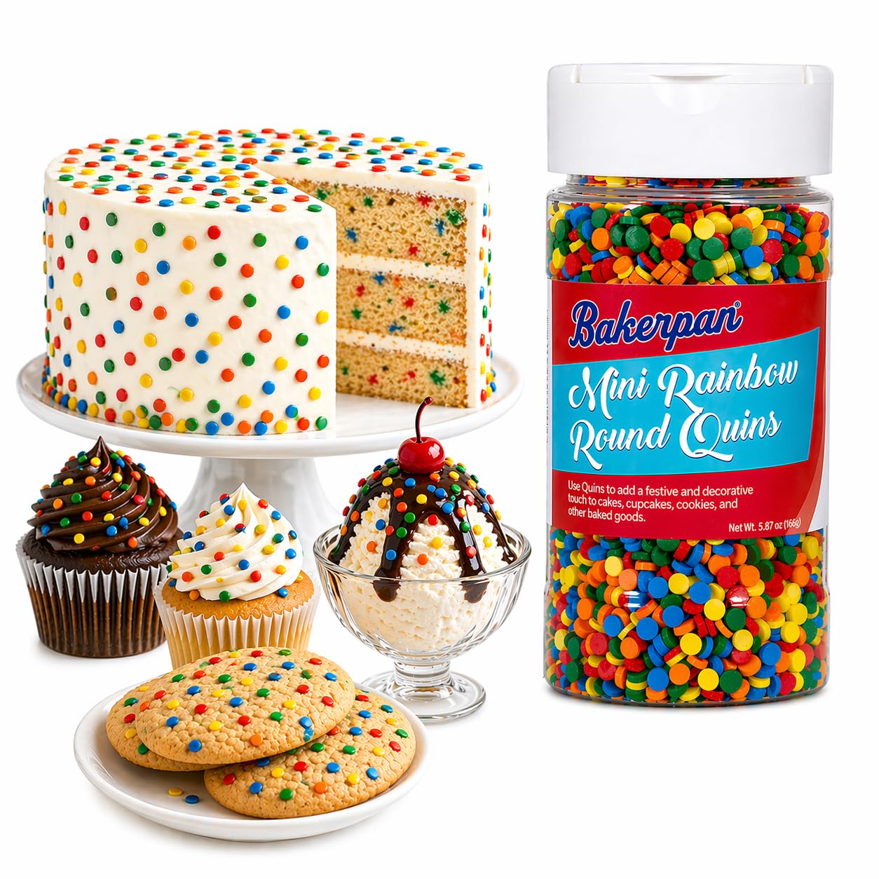 Bakerpan Quins Rainbow Sprinkles for Cake Decorating - 5.87 Ounces - Crunchy Rainbow Edible Confetti Sprinkles for Cupcakes, Ice Cream, Cookies, Cakes