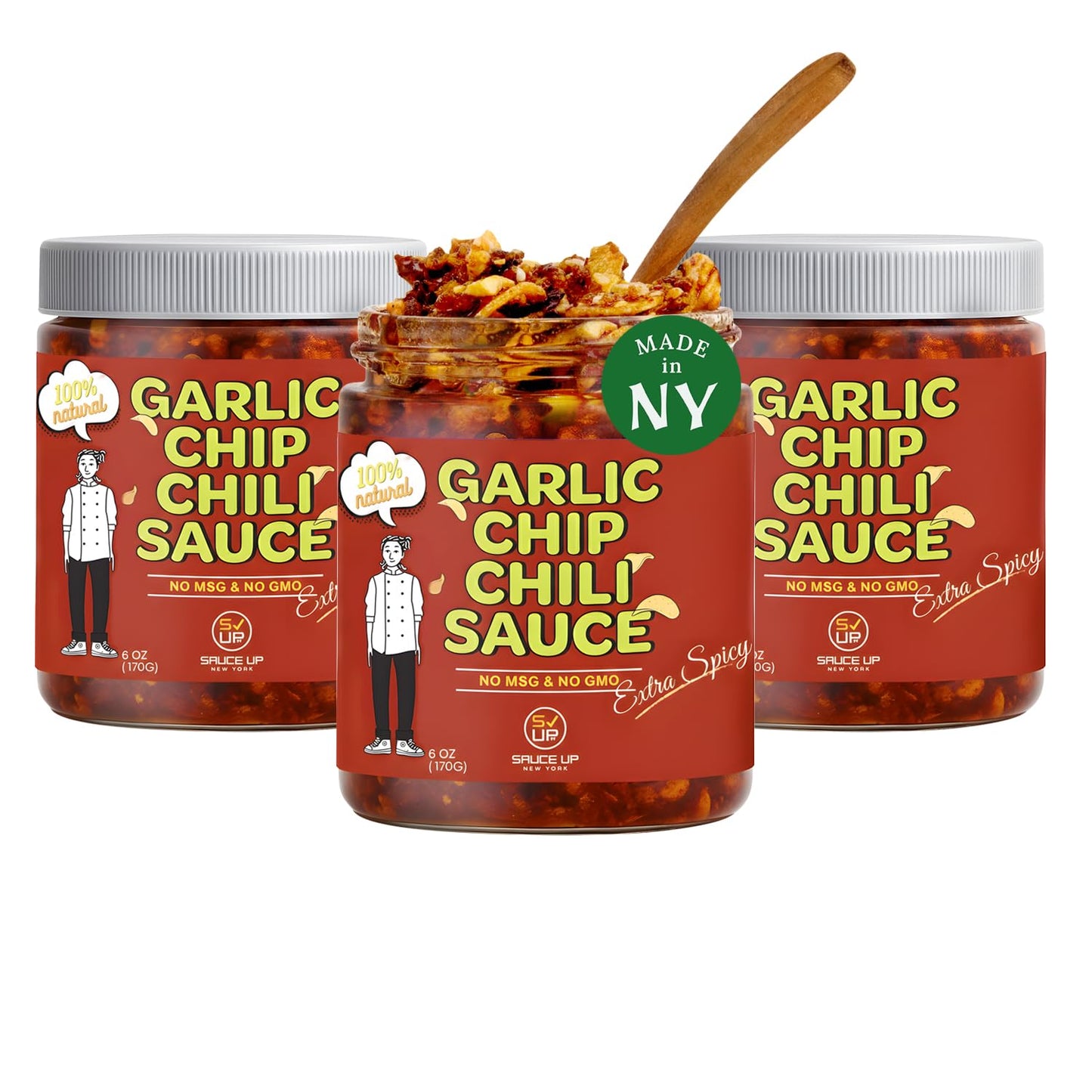 SAUCE UP Extra Spicy Garlic Chip Chili Sauce - 3 Pack (6oz) | Super Crunchy, Spicy & Savory Garlicky | Premium Chef-Curated, Plant-Based, GF, Non-GMO