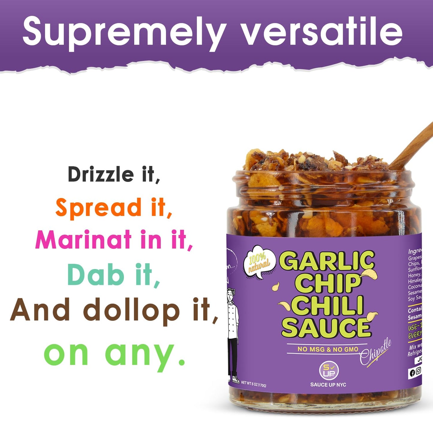 SAUCE UP Original Garlic Chip Chili Sauce - 3 Pack (6oz) | Super Crunchy, Savory & Garlicky | Premium Chef-Curated, Plant-Based, Gluten-Free, Non-GMO