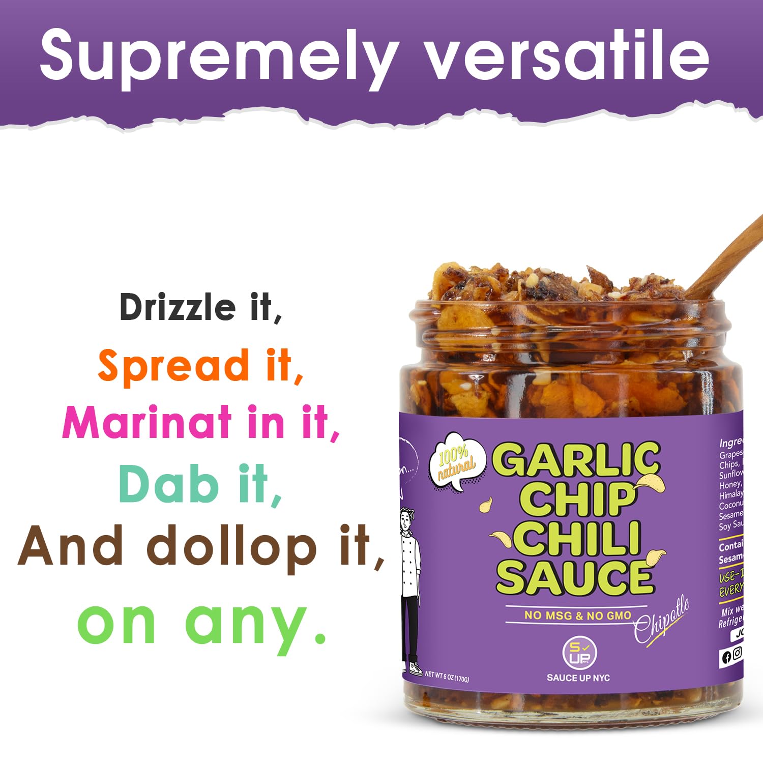 SAUCE UP Garlic Chip Chili Sauce | Chipotle Flavor | All-Natural, Keto, Gluten-Free, No MSG | Fried Garlic, Mexican Chilies, Crunchy, Smoky, Sweet