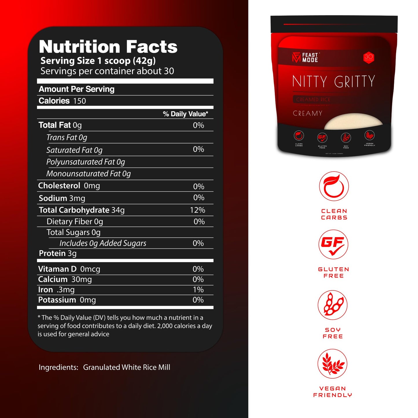 Nitty Gritty Creamed Rice Cereal by Feast Mode Flavors | Creamy Style | 3 Pound Bag | 30 servings count | Unflavored granulated white rice | Clean