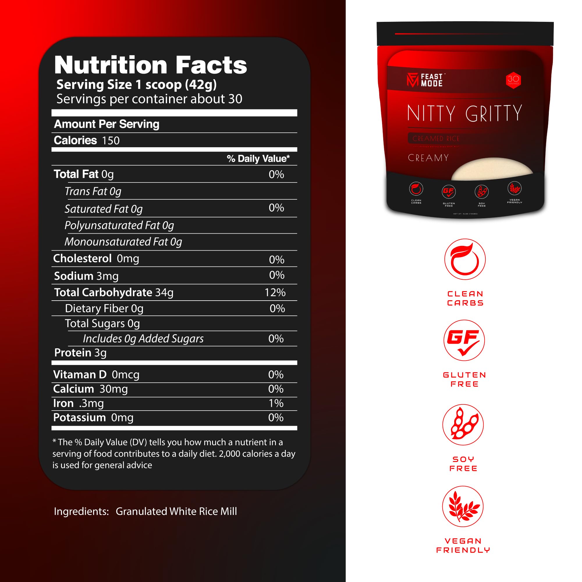 Nitty Gritty Creamed Rice Cereal by Feast Mode Flavors | Creamy Style | 3 Pound Bag | 30 servings count | Unflavored granulated white rice | Clean