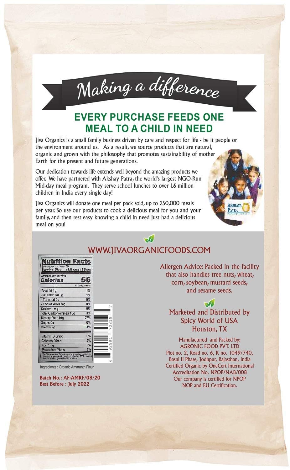 Jiva Organics Organic Amaranth Flour 2 Pound Bulk Bag - Rajgira Atta, 100% Natural & Non-GMO