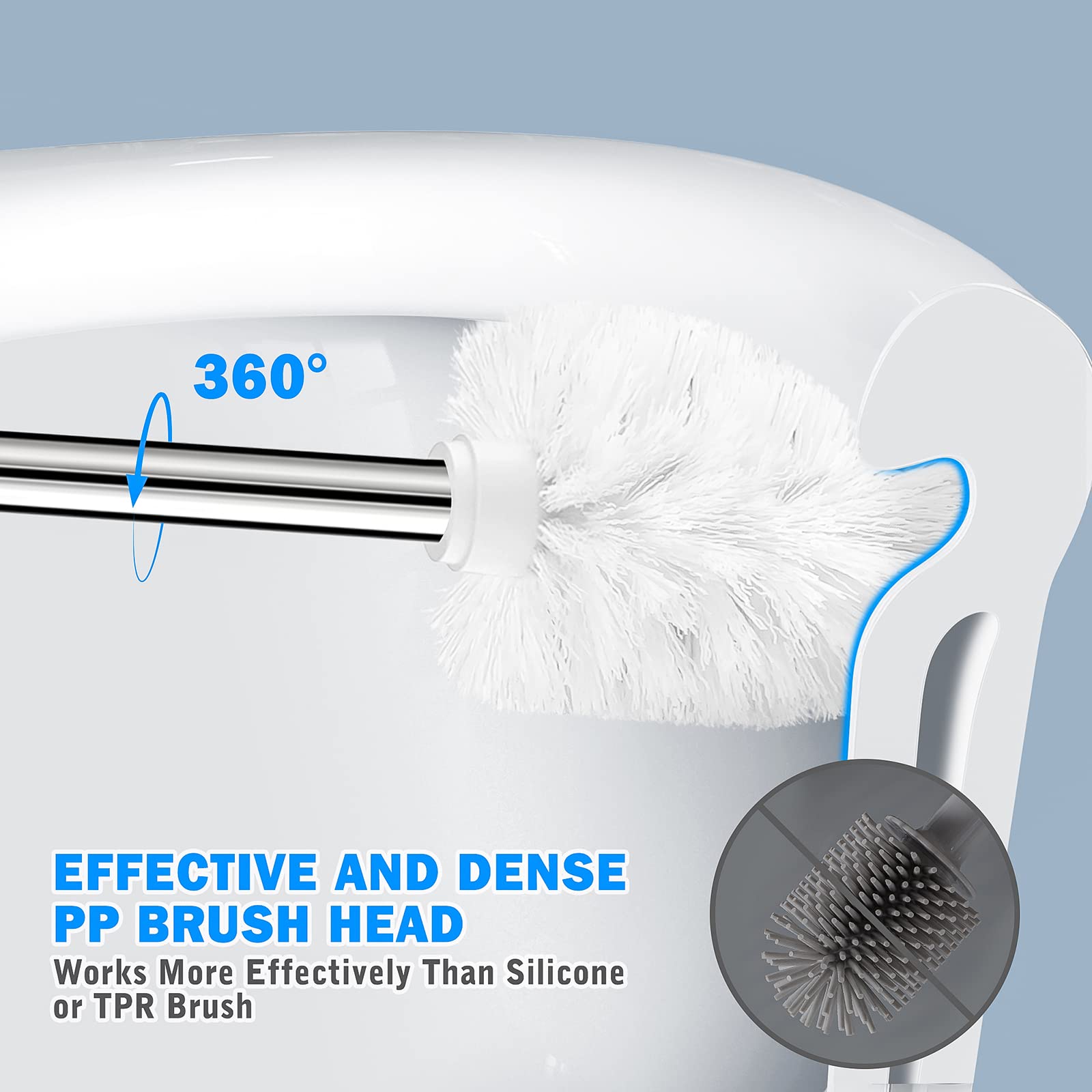 Toilet Brush and Holder, Toilet Brush with 304 Stainless Steel Long Handle, Toilet Bowl Brush for Bathroom Toilet-Elegant-Cleaning-Bristles(White)