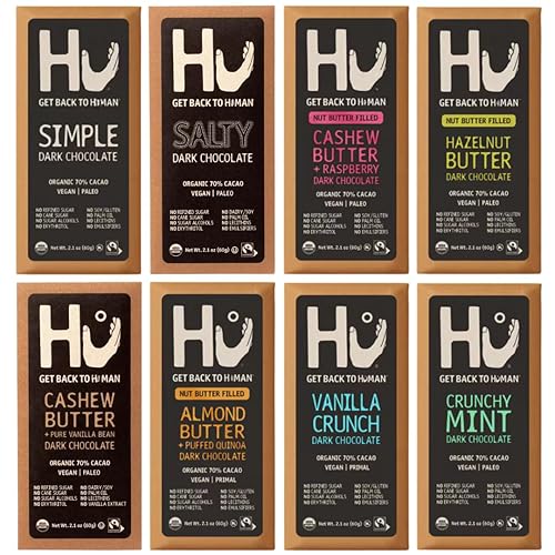 HU Dark Chocolate Bars Variety Pack, 8 Count - Simple, Salty, Cashew Buter Raspberry, Hazelnut Btr, Cashew Bttr & Vanilla Bean, Almond Butter & Puffed