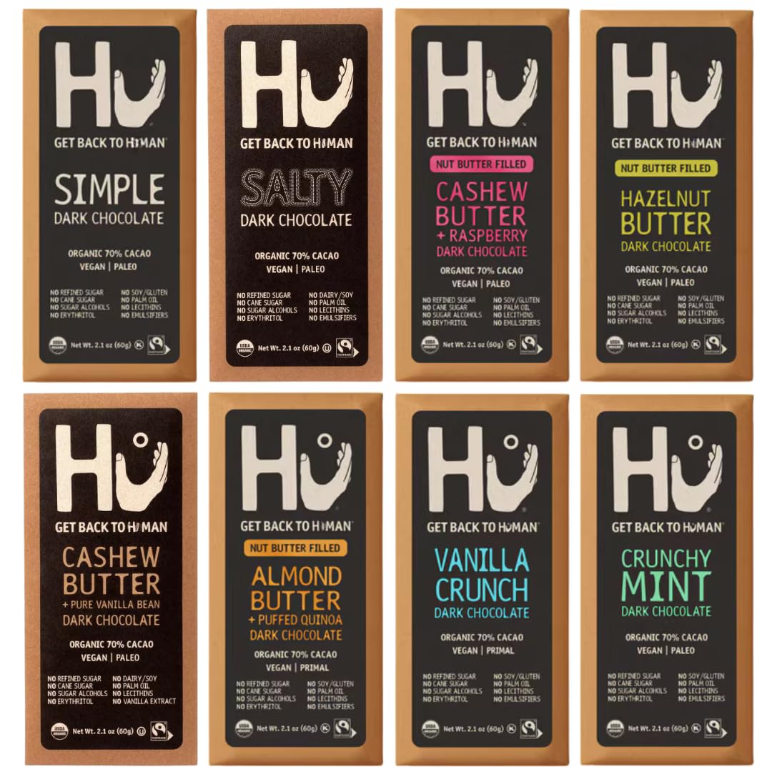 HU Dark Chocolate Bars Variety Pack, 8 Count - Simple, Salty, Cashew Buter Raspberry, Hazelnut Btr, Cashew Bttr & Vanilla Bean, Almond Butter & Puffed