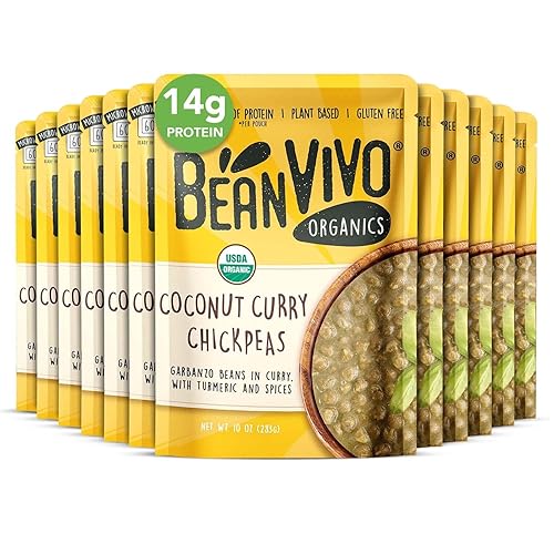BeanVIVO (Pack of 12) Organics 14g Plant based Protein Coconut Curry Chickpeas - Good Source of Fiber - Nutritious & Microwave Meal - Gluten-Free