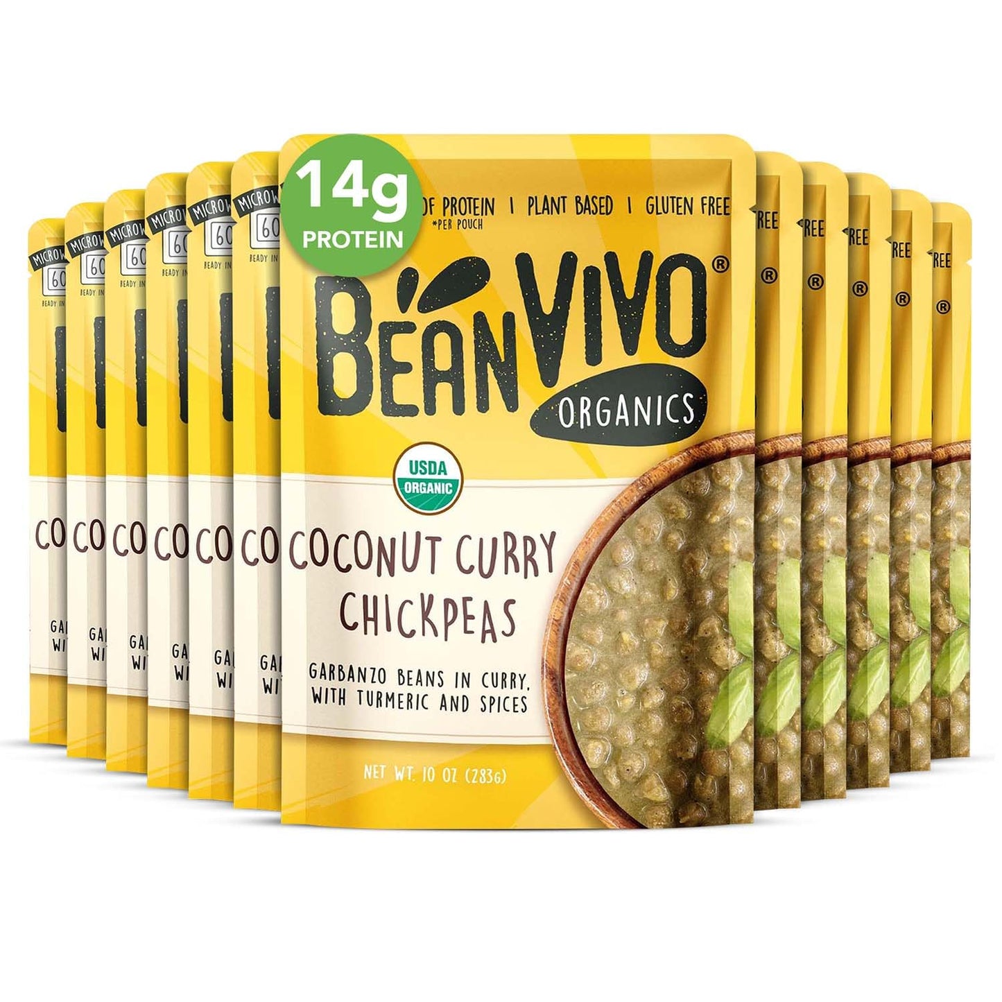 BeanVIVO (Pack of 12) Organics 14g Plant based Protein Coconut Curry Chickpeas - Good Source of Fiber - Nutritious & Microwave Meal - Gluten-Free