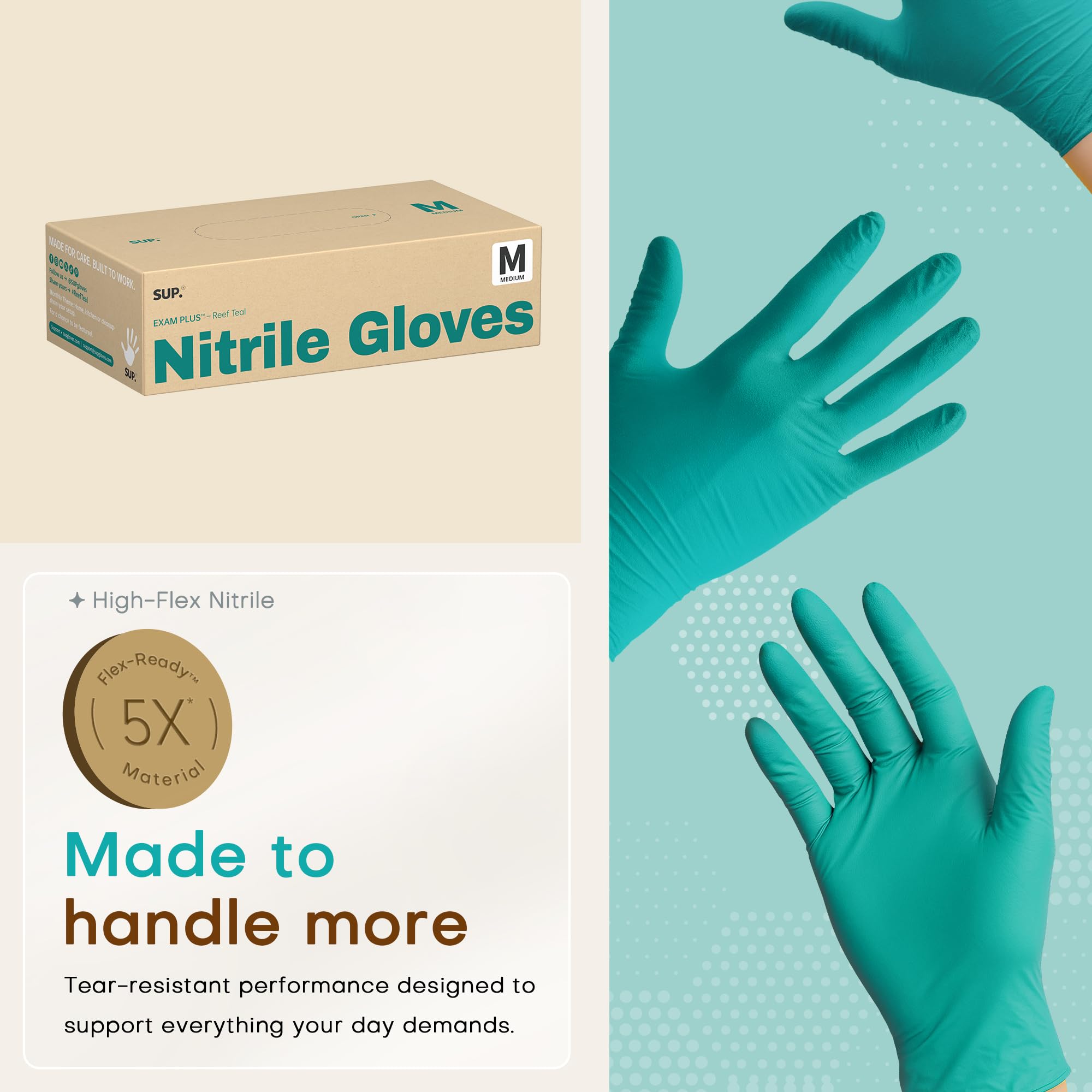 SUP Powder-Free Nitrile Gloves, 100 Count Food Safe Latex-Free Disposable Gloves for Medical Cooking Cleaning Food Prep, Teal (Medium)