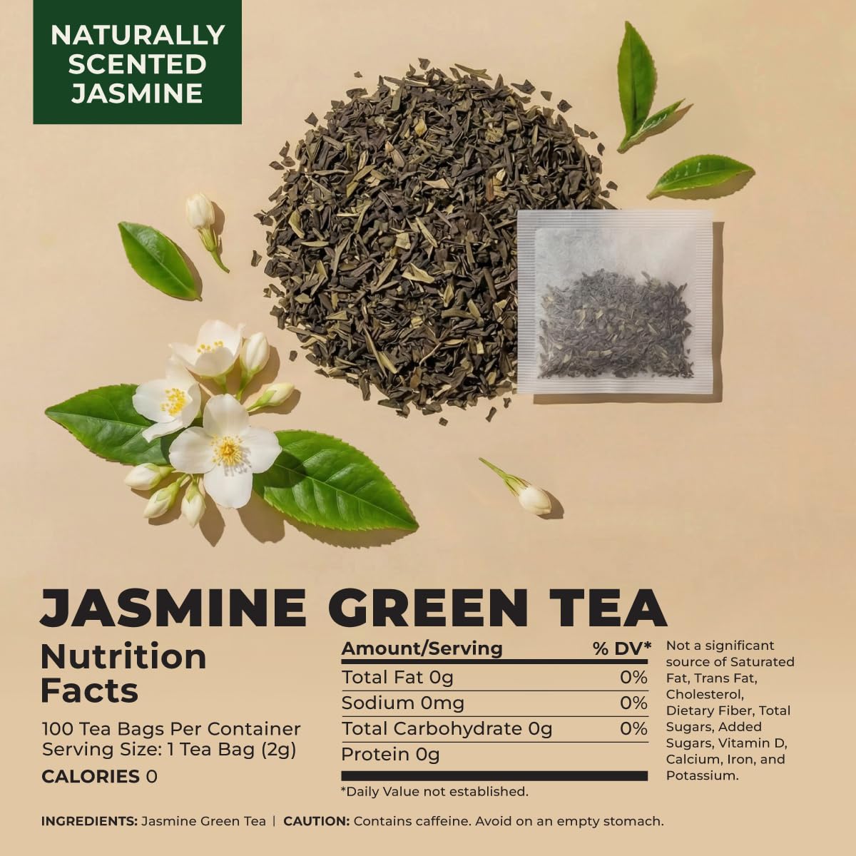 Gya Tea Co Jasmine Green Tea Bags (100 Bags) - Caffeinated Green Tea With Jasmine, Delicate, Floral & Sweet Aroma & Taste, Enjoy Hot Or Iced