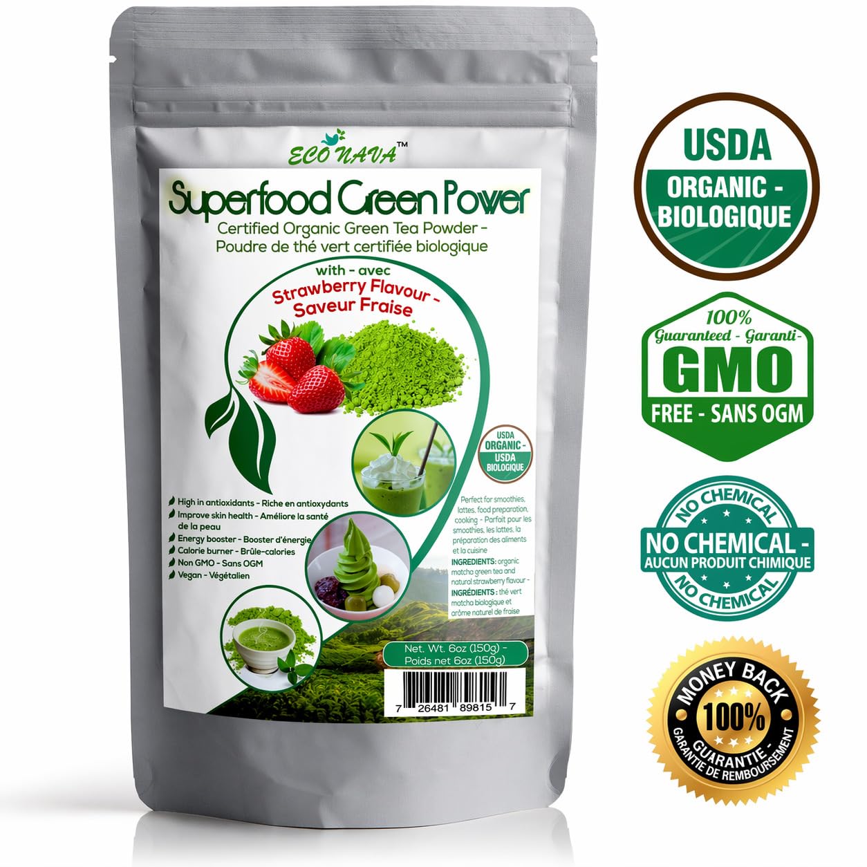 ECO NAVA Strawberry Matcha Green Tea Powder - Certified USDA Organic - GMO FREE - 100% Natural - Premium Grade Matcha Tea Powder for Making Cake