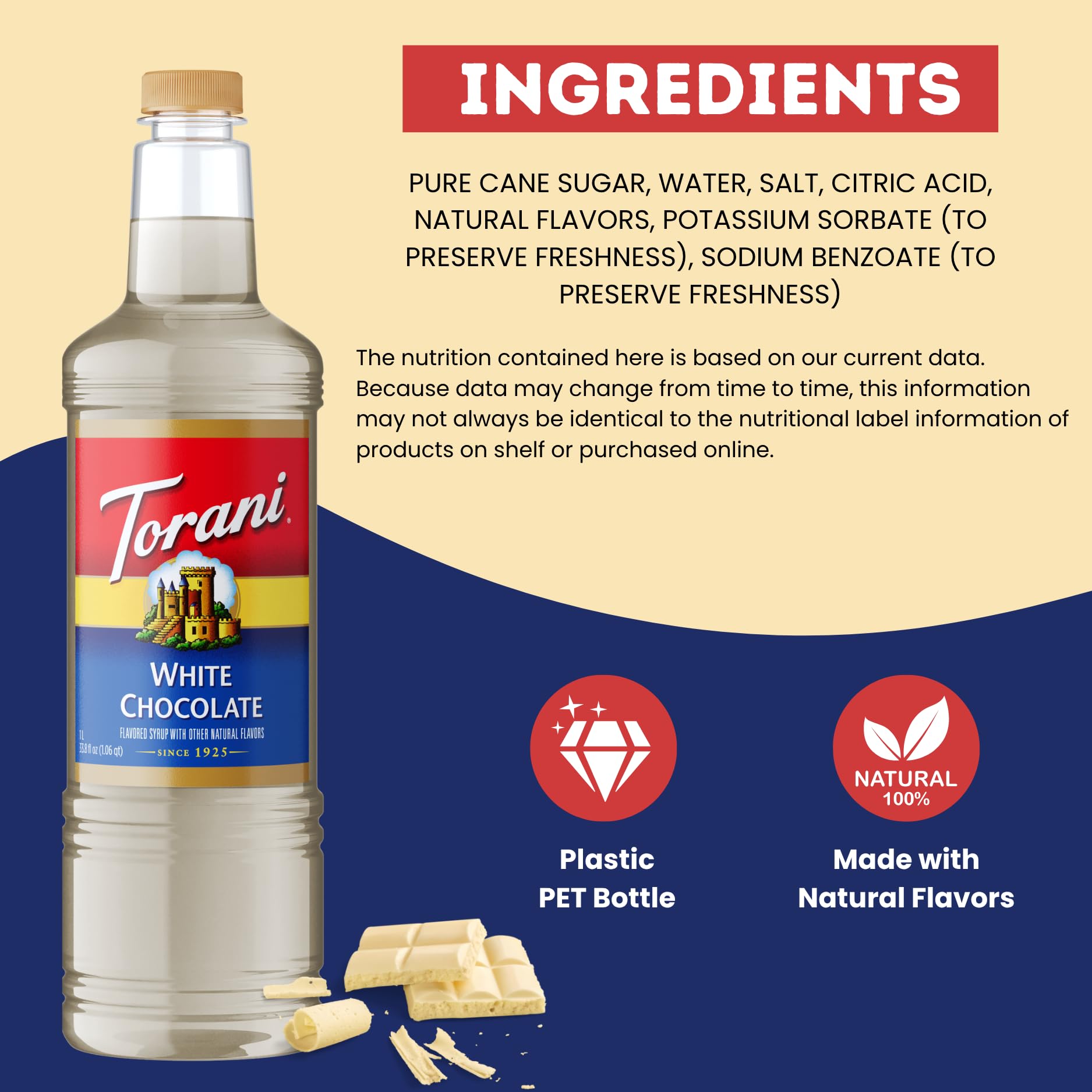 Torani White Chocolate Syrup 1 Liter Bottle with Pump - Premium Coffee Flavoring with Natural Ingredients for Lattes, Mochas, Desserts, Cocktails
