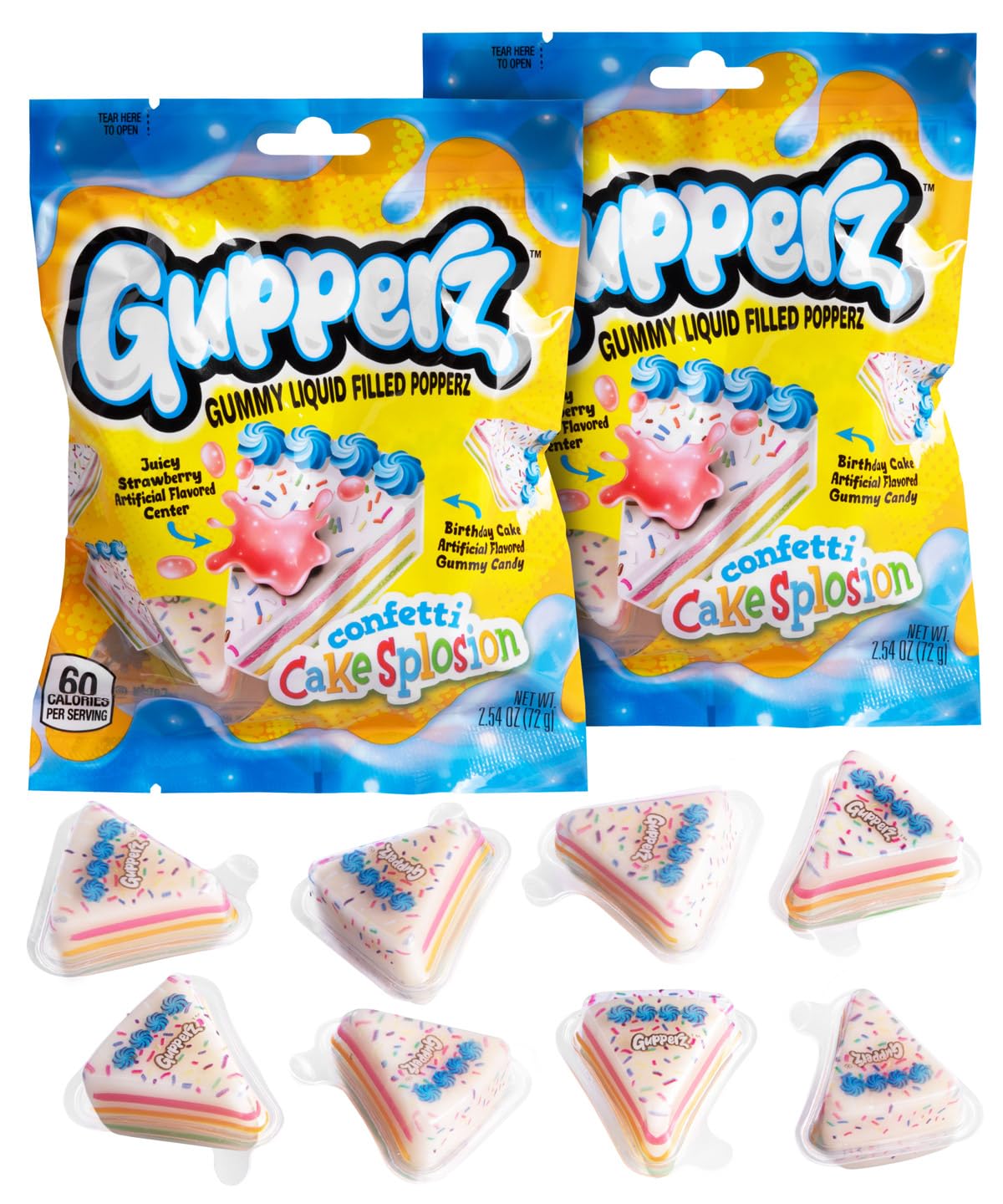 Cakesplosion Liquid Candies (Pack of 12) - Birthday Cake and Strawberry Bursting Gummies with Juicy Center - Perfect for Parties, Candy Buffets