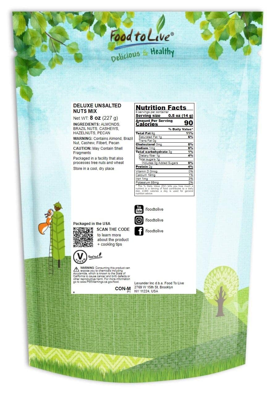 Food to Live Deluxe Unsalted Nuts Mix, 8 Ounces - A Blend of Dry Roasted Pecans, Cashews, Hazelnuts, Almonds, Brazil Nuts. Oven Roasted, Vegan