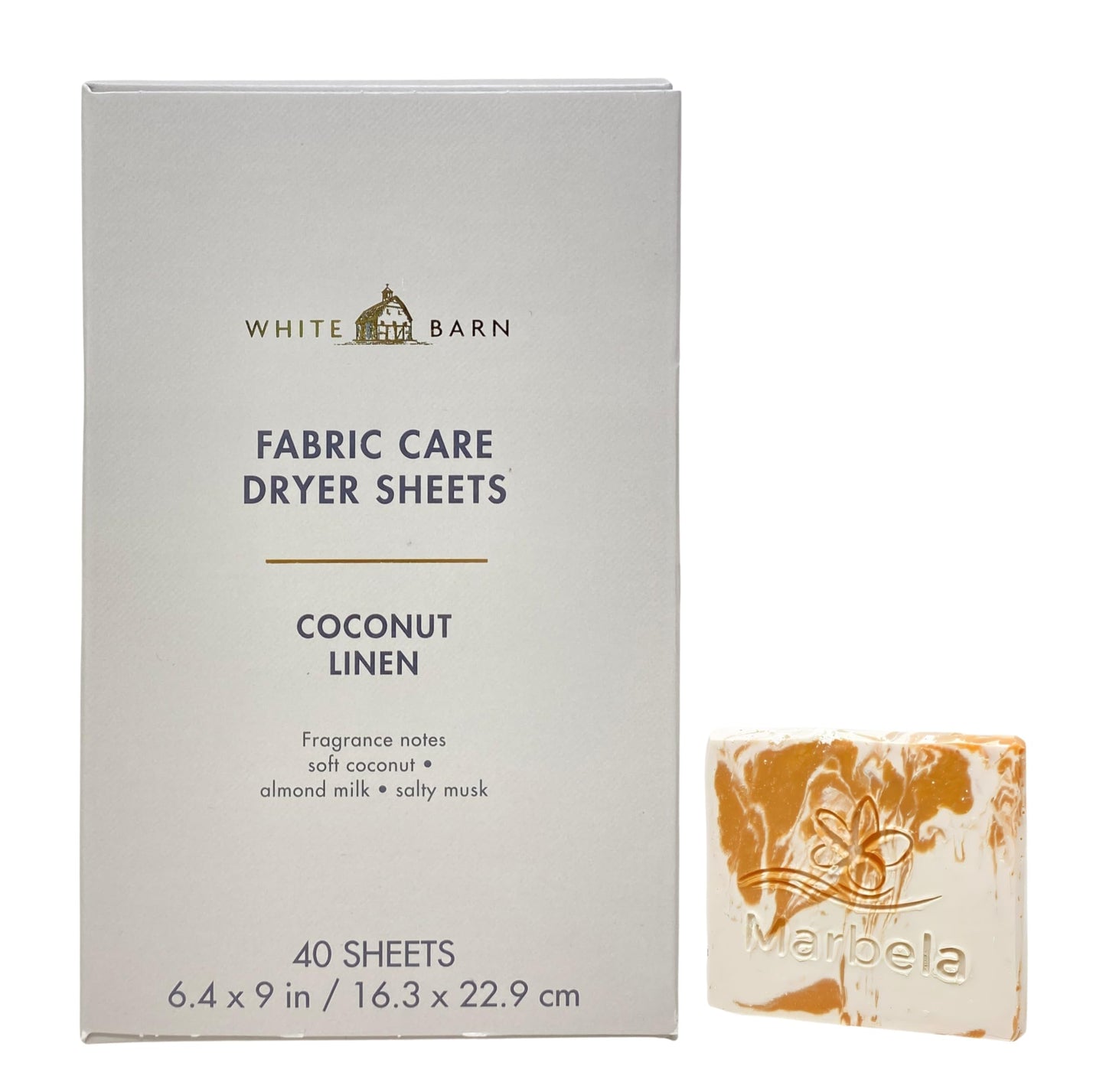 Bath & Body Works Coconut Linen Fabric Care Dryer Sheets - Box of 40 sheets - with a Peach Gardenia Sample Soap