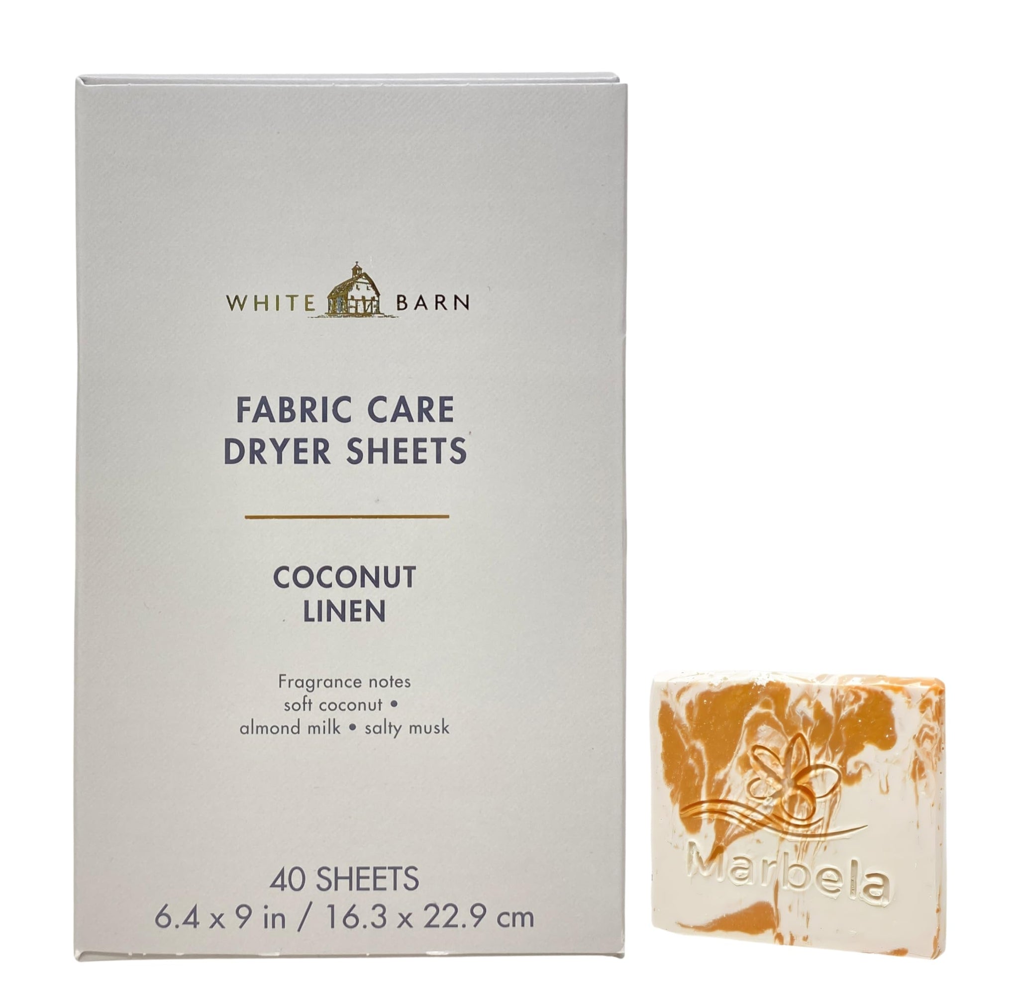 Bath & Body Works Coconut Linen Fabric Care Dryer Sheets - Box of 40 sheets - with a Peach Gardenia Sample Soap