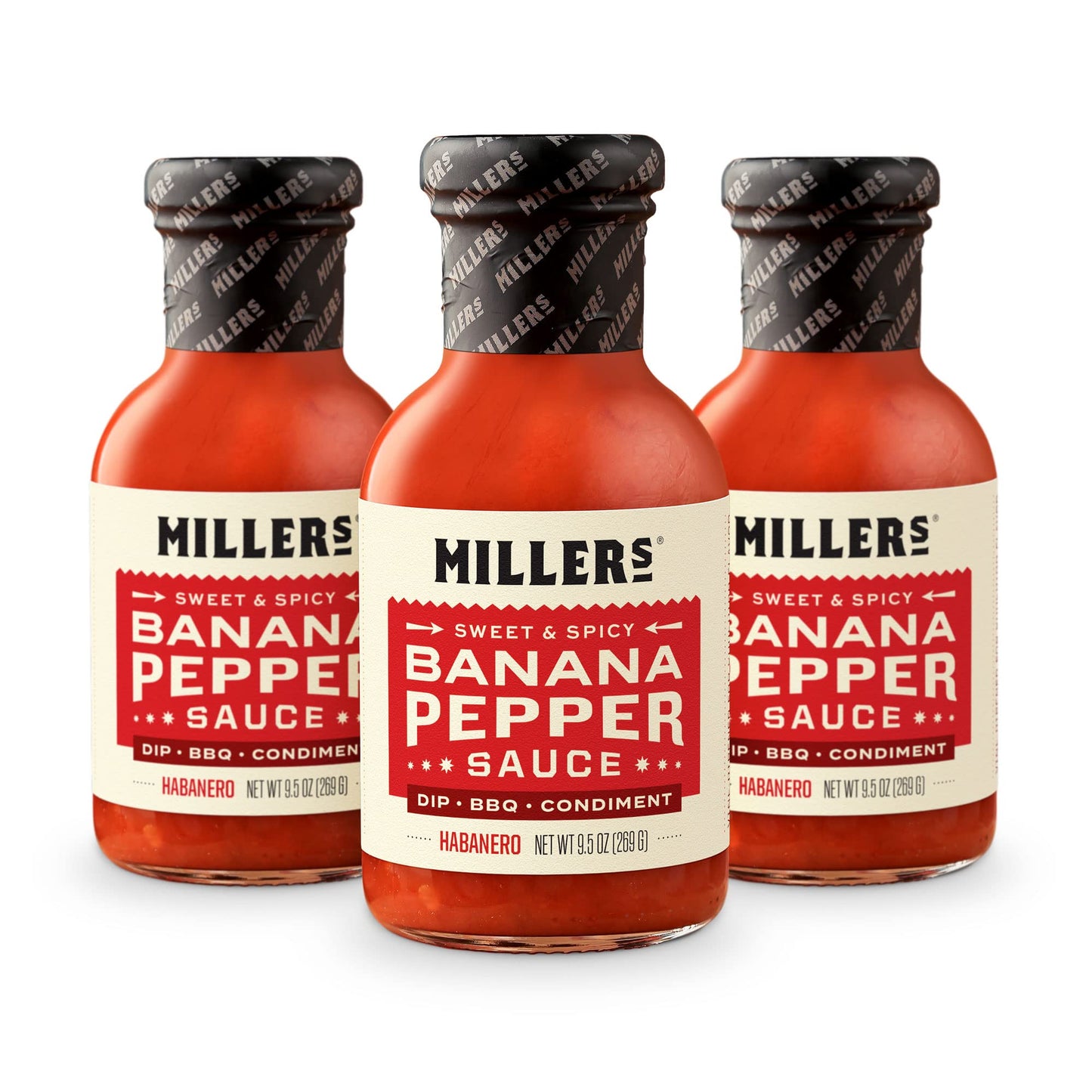 Miller's Banana Pepper Habanero Hot Sauce, Sweet Spicy Banana Pepper Sauce - Best Use for Grilled Meats, BBQ Rub, Chicken Wing, Sandwich 9.5 OZ (Pack