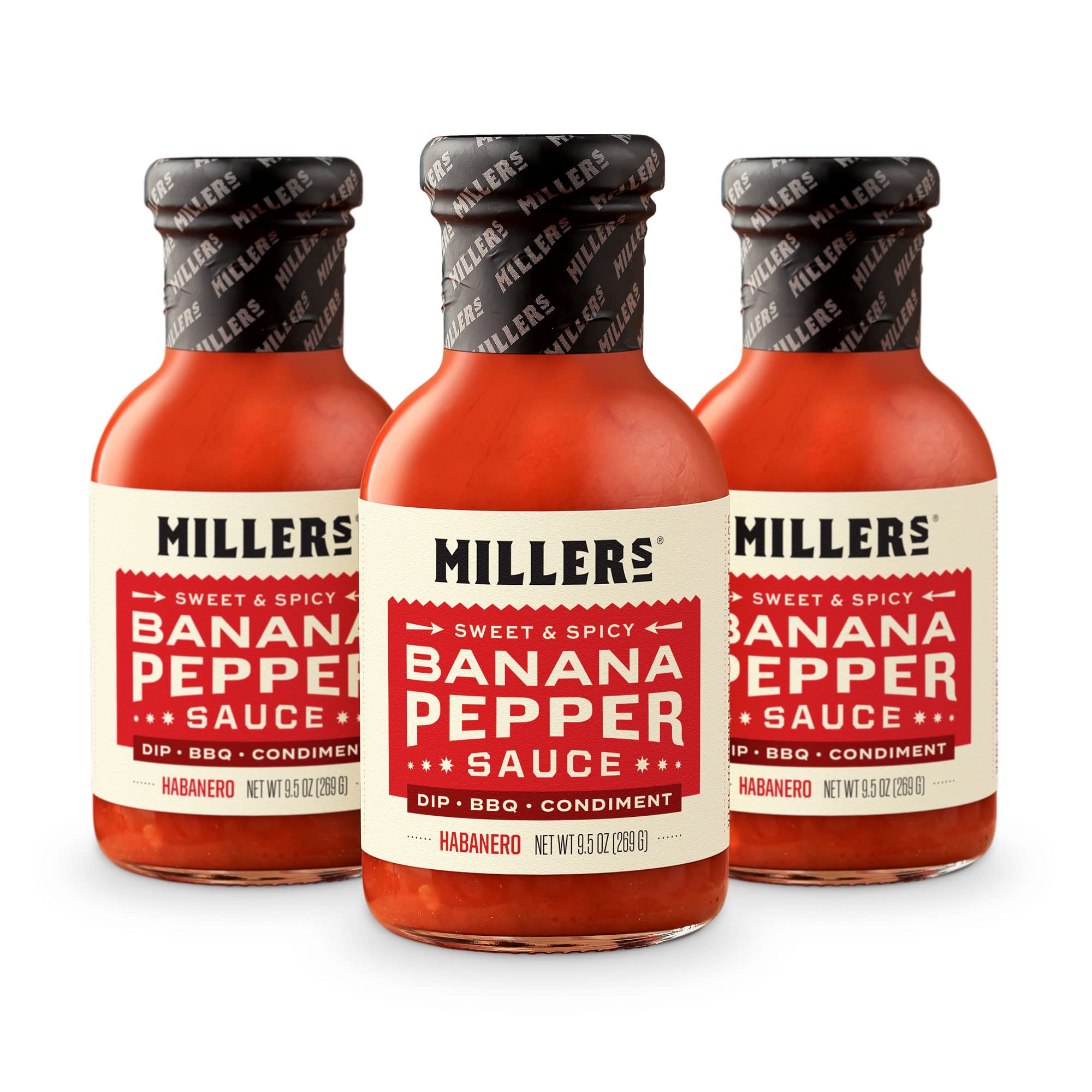 Miller's Banana Pepper Habanero Hot Sauce, Sweet Spicy Banana Pepper Sauce - Best Use for Grilled Meats, BBQ Rub, Chicken Wing, Sandwich 9.5 OZ (Pack