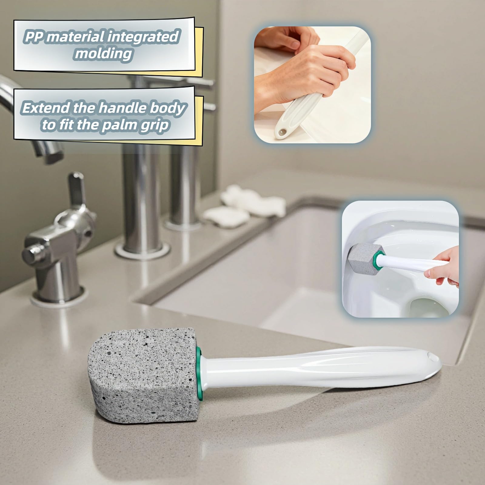 Pumice Toilet Brush Scrubber with 9.5” Handle - 1 Scrubber + 4 Pumice Stones - Remove Hard Water Stains, Rust & Lime from Toilet, Tub, Tile, Grill