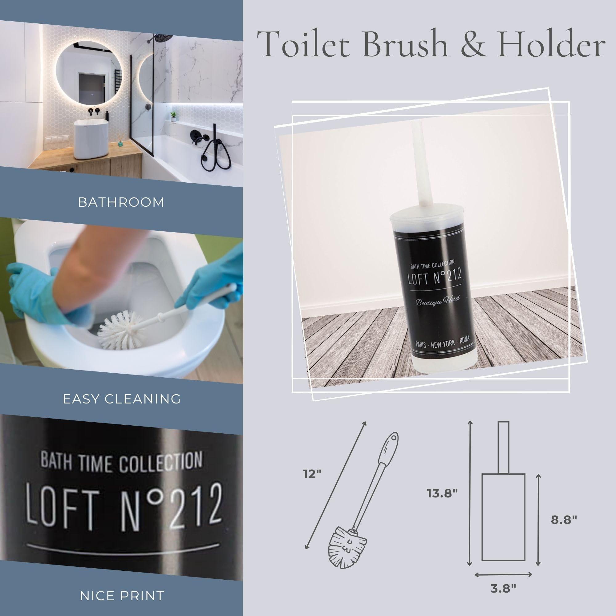 Bath Time Collection Toilet Brush and Holder - Decorative Black Plastic Bathroom Accessory
