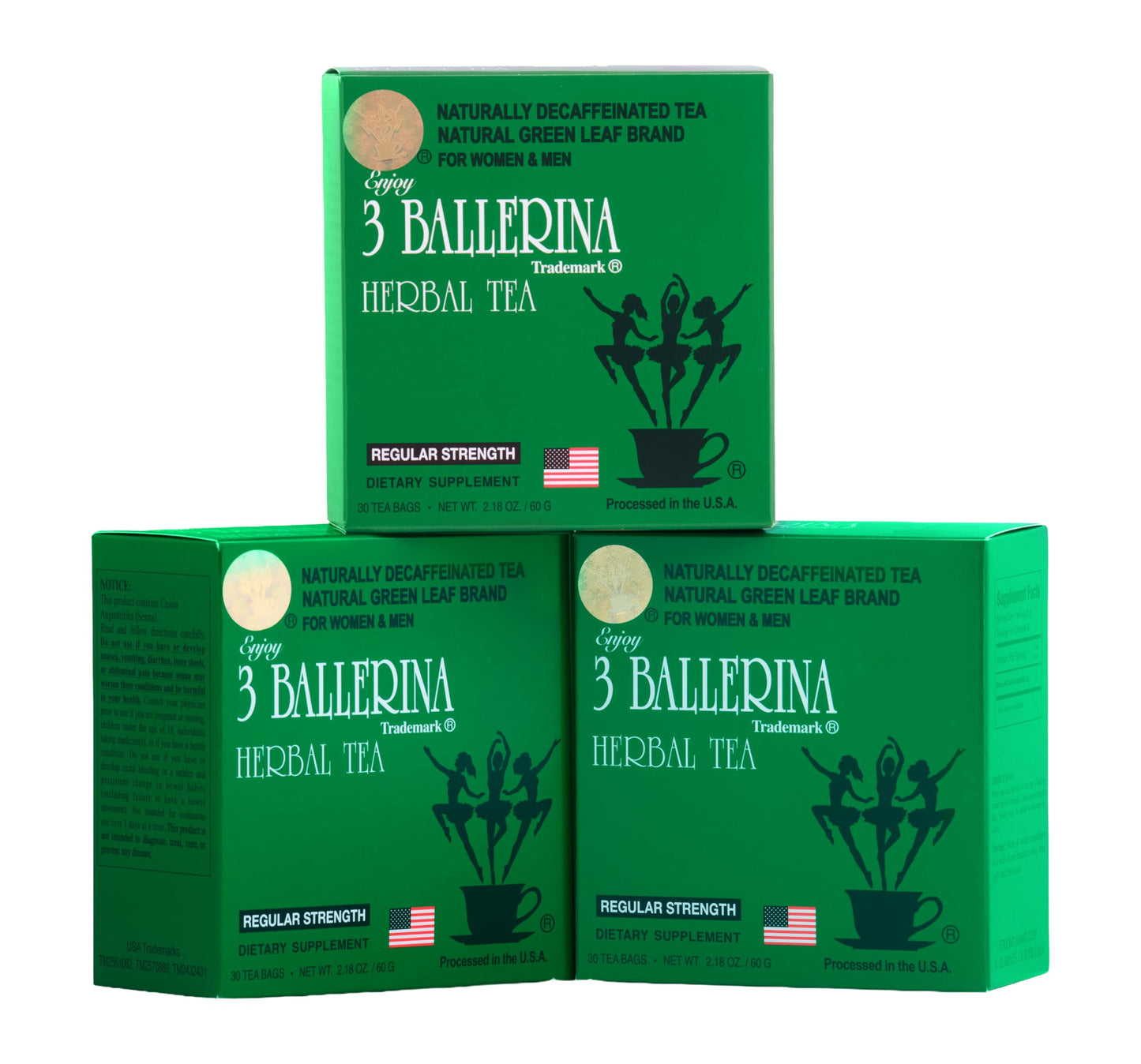 3 Ballerina Natural Green Leaf Brand Naturally Caffeine Free Diet Tea for Women & men (Regular Strength/30 bags, 3 Packs)