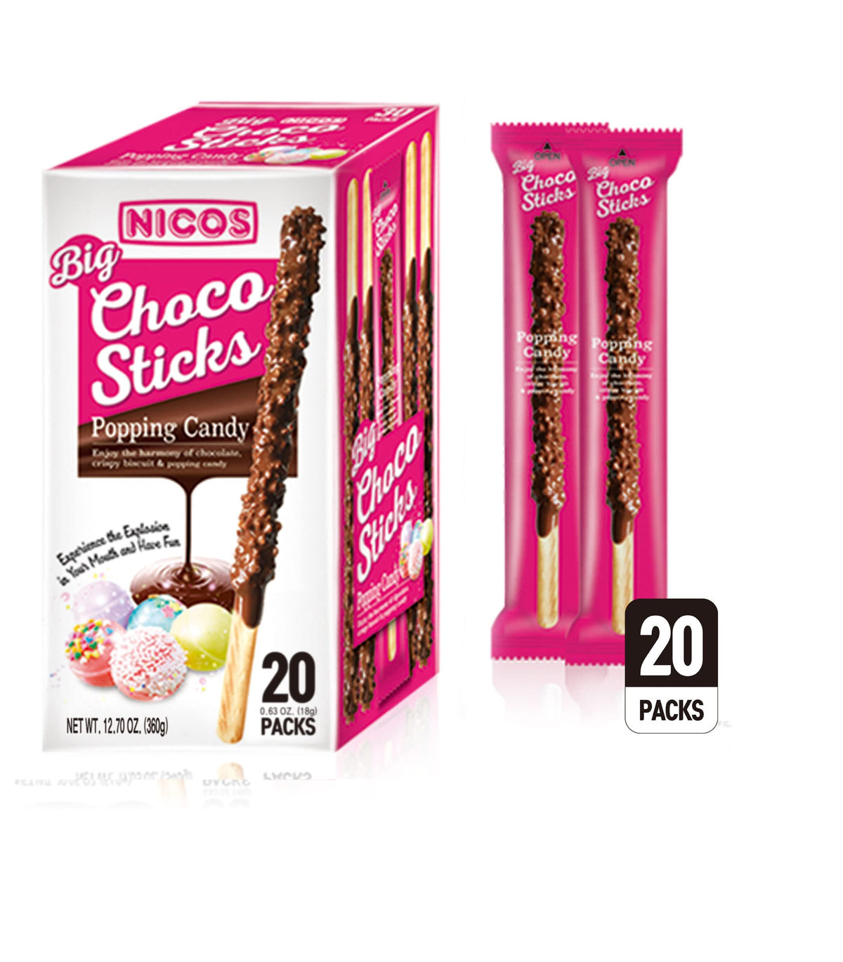 Nicos big choco sticks Popping candy 20ct -Feel the Pop- individually wrapped-Holiday snack for kids & adults - Chocolate candy - Ideal for Christmas