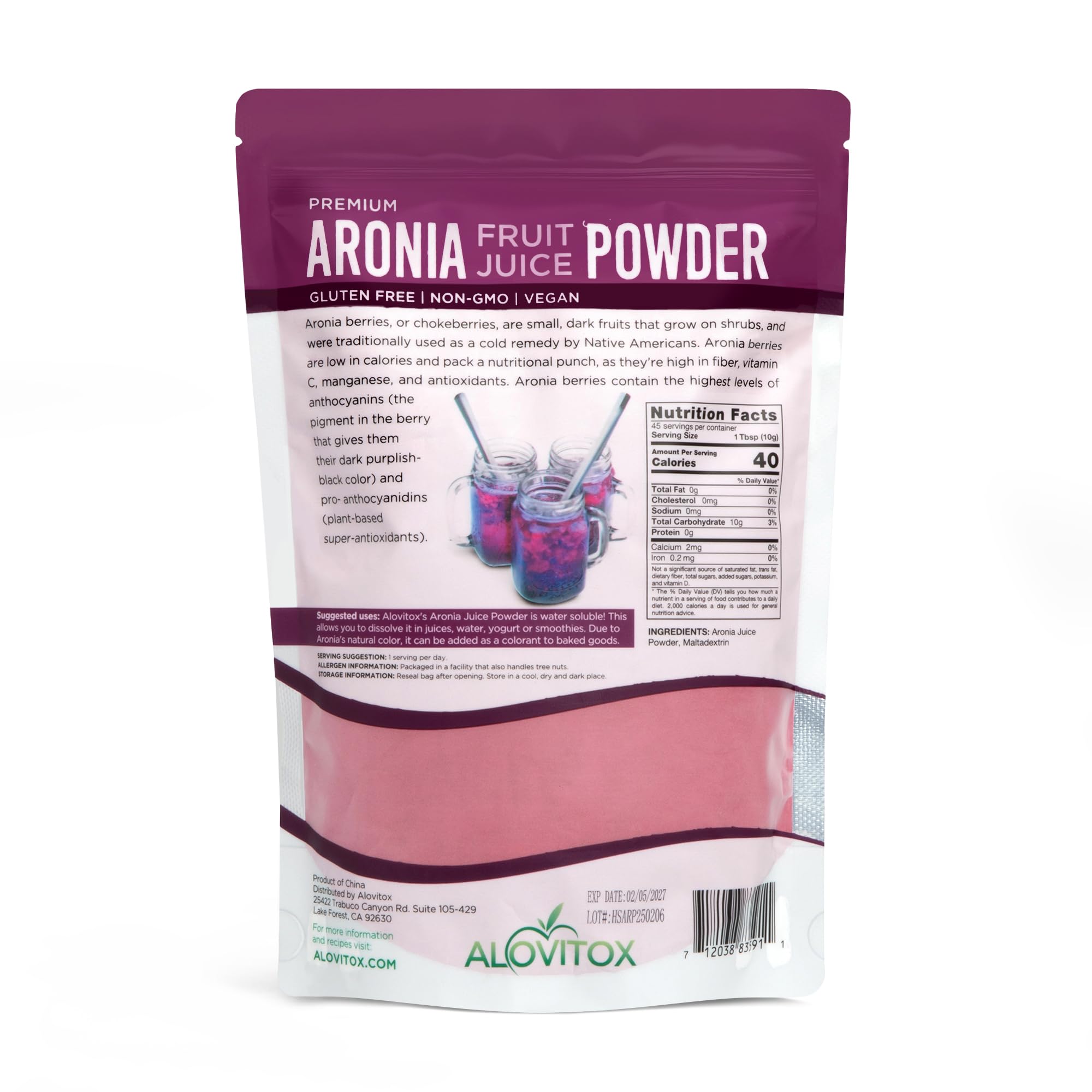 Alovitox Aronia Berry Powder | Antioxidant-Dense Juice Superfood with Dietary Fiber, Vitamins, Calcium, Iron, Boosts Immune System & Reduces Blood
