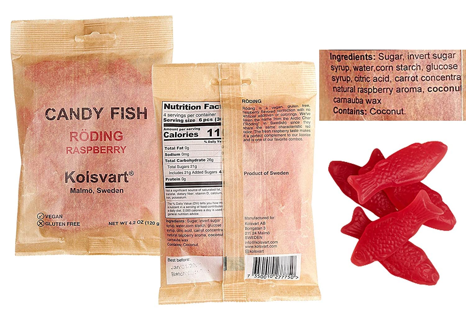 Kolsvart Swedish Gummy Fish & Licorice Candy | Vegan & Gluten Free | 4.2 OZ | Pack of 5 | Raspberry