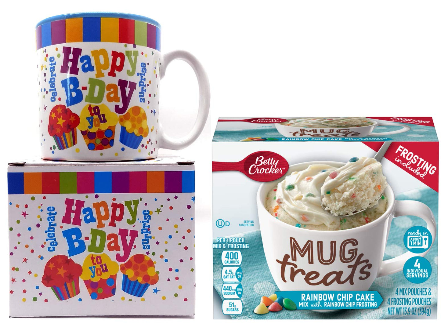 Happy Birthday Mug In Gift Box with 4 Mug Cake Mix Pouches Bundle (Confetti)