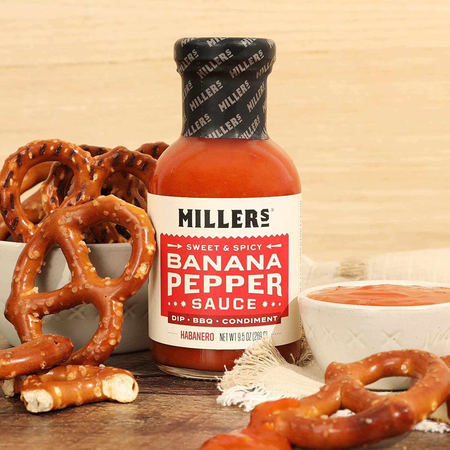 Miller's Banana Pepper Habanero Hot Sauce, Sweet Spicy Banana Pepper Sauce - Best Use for Grilled Meats, BBQ Rub, Chicken Wing, Sandwich 9.5 OZ