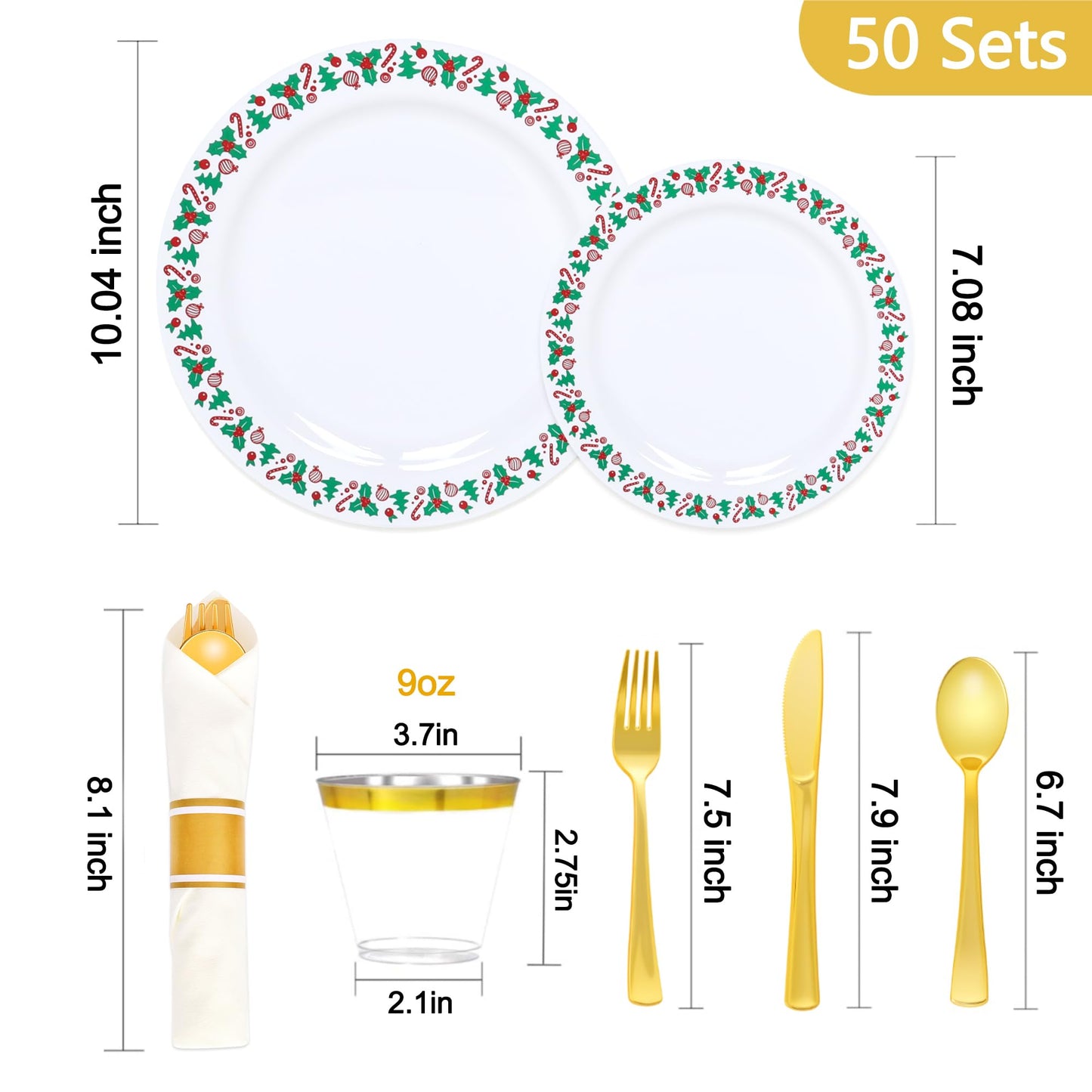 350pcs Christmas Disposable Plates & Cutlery Set - Plastic Plates, Tree Design, Gold Disposable Silverware, Clear Gold Cups for Holiday Celebrations