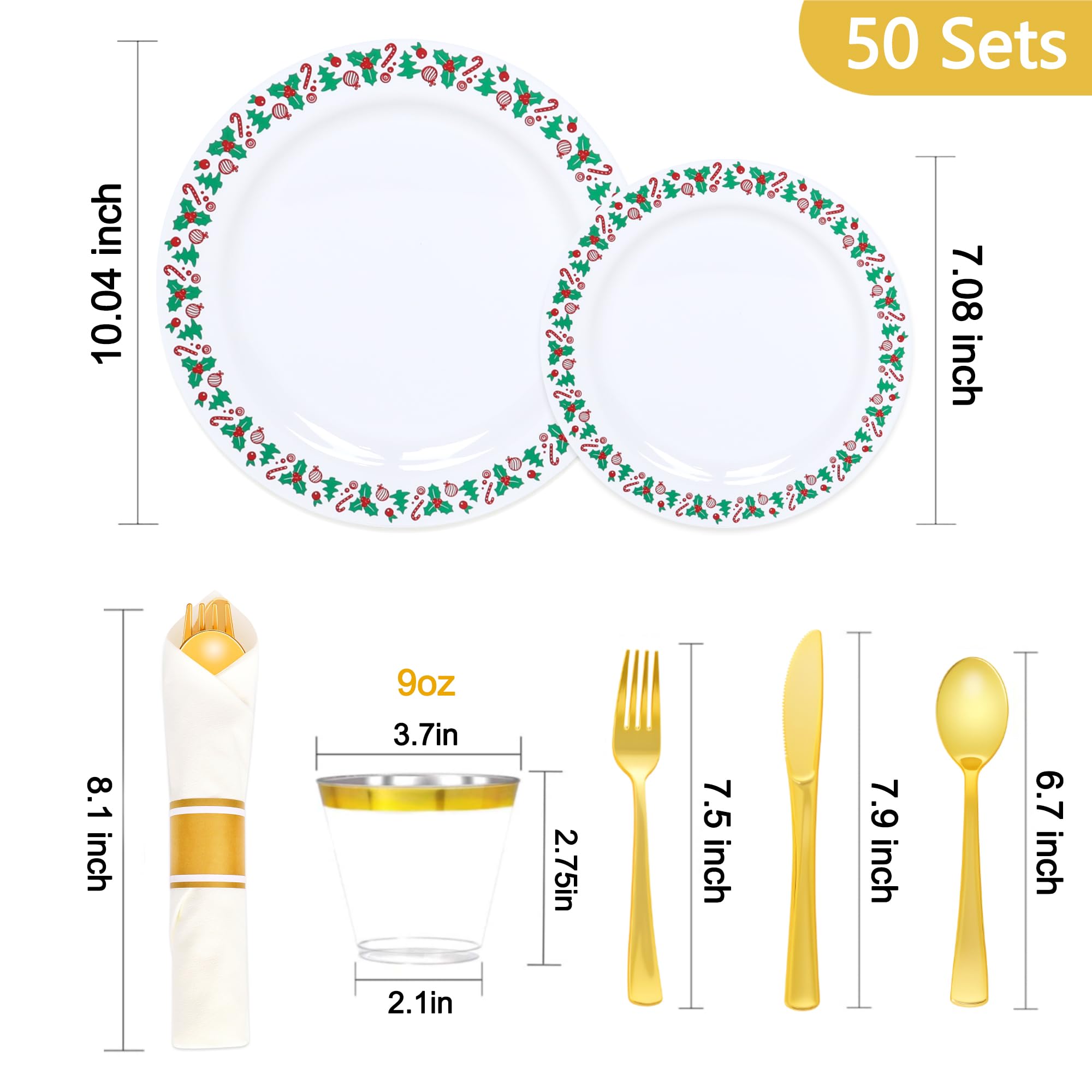 350pcs Christmas Disposable Plates & Cutlery Set - Plastic Plates, Tree Design, Gold Disposable Silverware, Clear Gold Cups for Holiday Celebrations