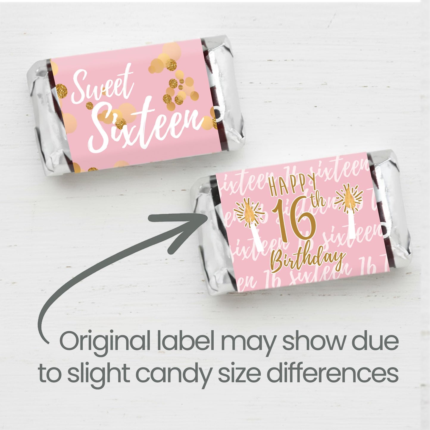 DISTINCTIVS Pink and Gold Sweet 16 Mini Candy Bar Wrappers - 42 Count - Sweet Sixteen Birthday Party Favors for Girls