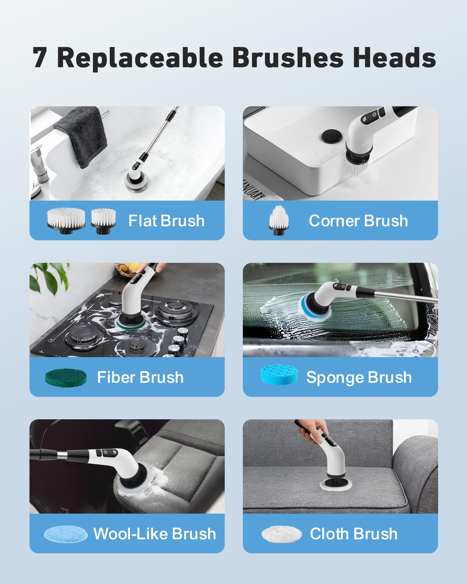 Powerful Electric Spin Scrubber, for Mom, Cordless Cleaning Brush, 90-Min Extended Runtime, Telescopic Long Handle, 8 Replaceable Heads, 2 Speeds