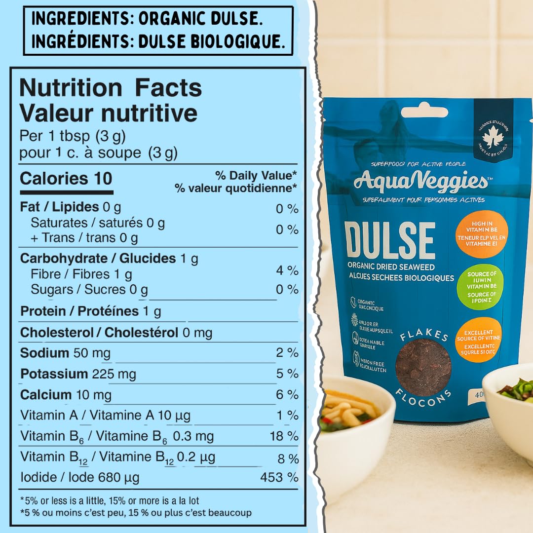 Aqua Veggies Organic Atlantic Dulse Flakes 4 Oz , Hand-Harvested, Sun-Dried Bay of Fundy, Excellent Source of Vitamins B6, B12, Iron, Iodine, Protein