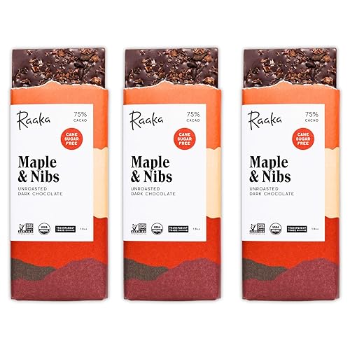 Raaka Chocolate Maple & Nibs, 75% Cacao Dark Chocolate | Gourmet Dark Chocolate Gift | Organic, Paleo, Vegan, Fair Trade, Soy Free, Non GMO, Gluten