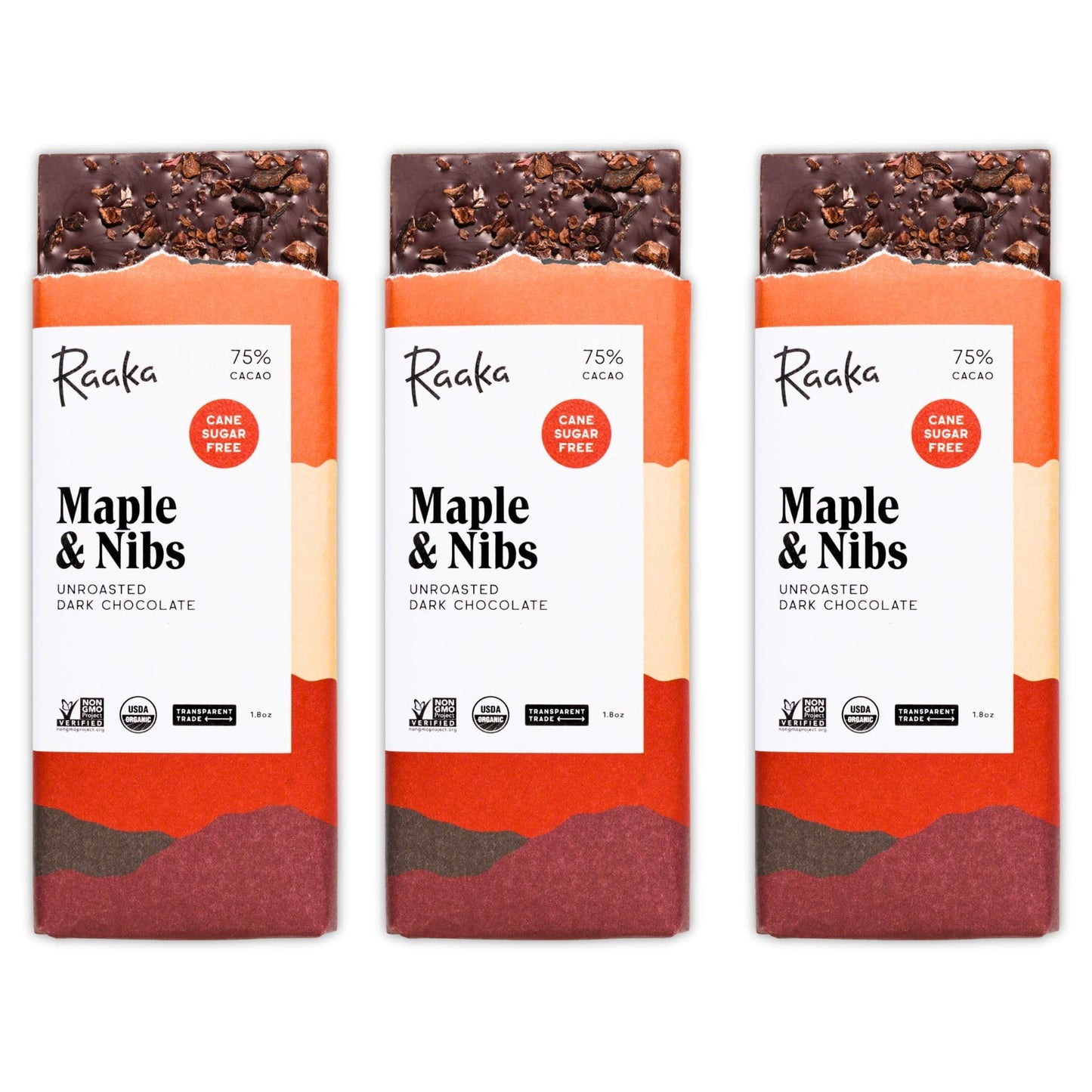 Raaka Chocolate Maple & Nibs, 75% Cacao Dark Chocolate | Gourmet Dark Chocolate Gift | Organic, Paleo, Vegan, Fair Trade, Soy Free, Non GMO, Gluten