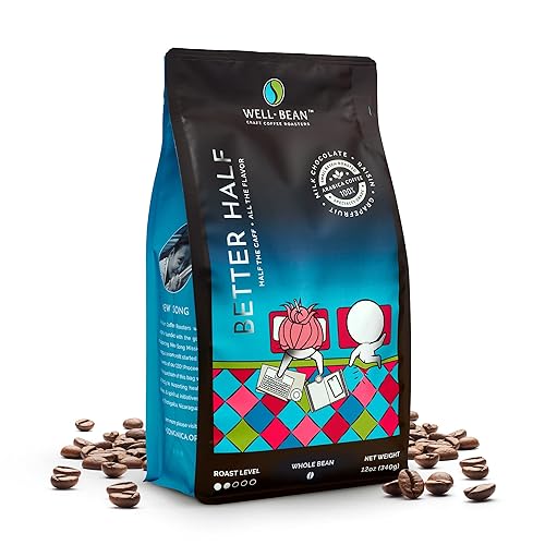 Well-Bean Coffee - Better Half, Light Roast, Half Caff, Whole Bean, Swiss-Water-Processed, No Chemicals, Small Batch, Soecialty Grade,12 oz, Pack of 1
