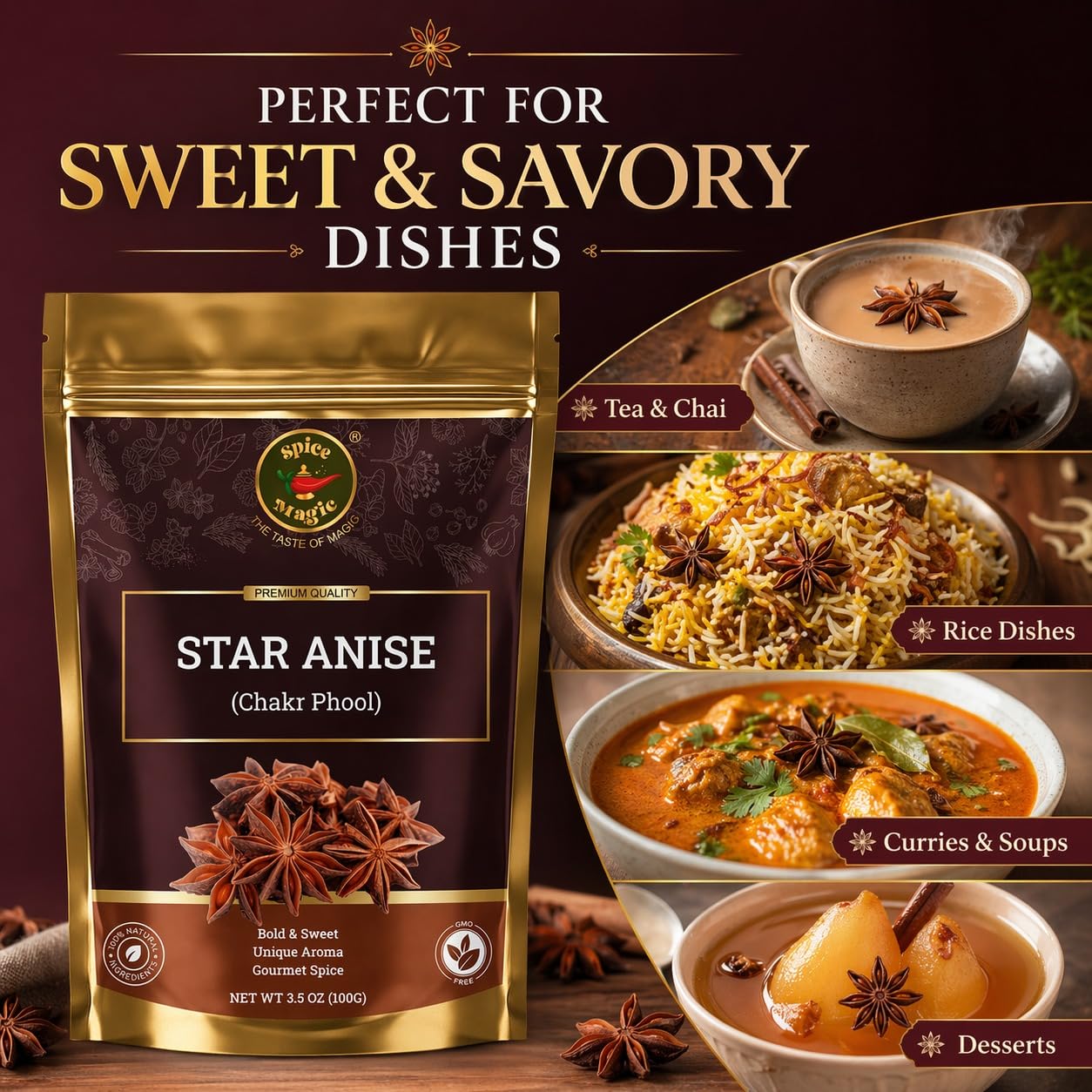 Spice Magic Star Anise Whole 3.5 oz I Perfect for Cooking, Baking, and Brewing Tea I Chinese Star Anise Whole Pods | All-Natural, Gluten Free, Non-GMO