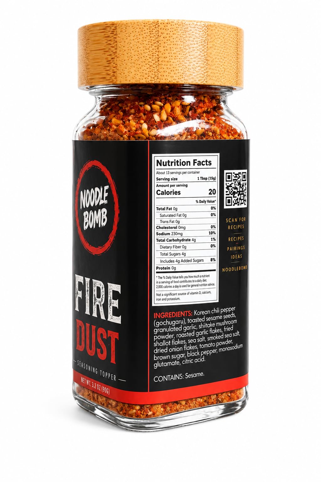 NoodleBomb Fire Dust Chili Sesame Seasoning Blend - Smoky Savory Heat - 3.2 oz Shaker