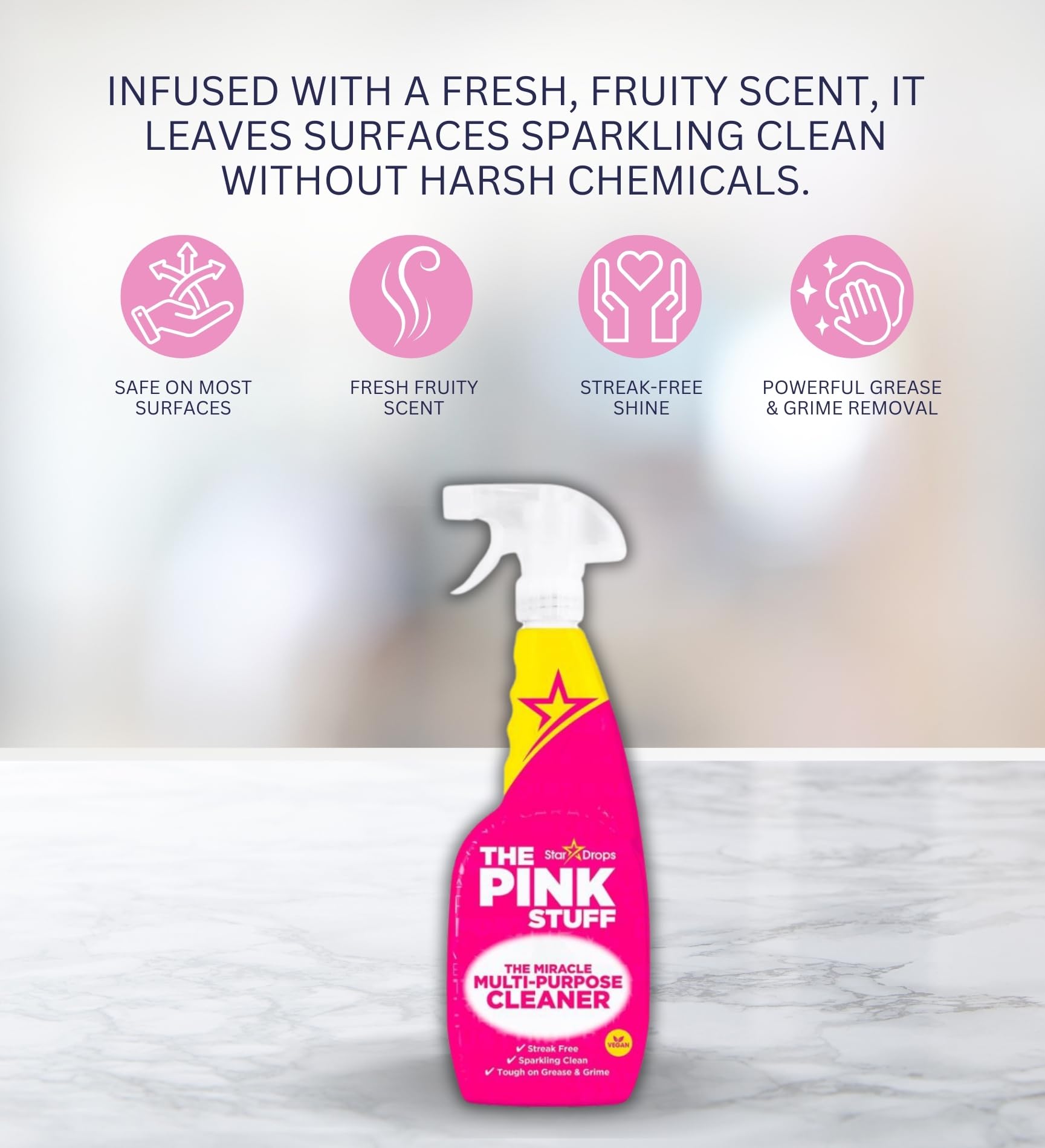 The Pink Stuff Fruity Scent Multi-Purpose Cleaner Spray 25.4 oz Bundle with Microfiber Cloth + Scrub Brush - Natural Cleaner for All Surfaces