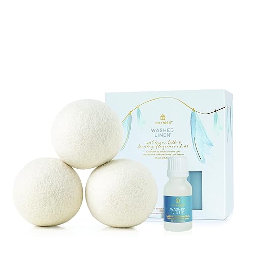 Thymes Wool Dryer Balls Set - Includes 3 Wool Laundry Balls + 1 Scented Laundry Fragrance Oil for Dryer - Eliminate Wrinkles, Static & Lint (Washed