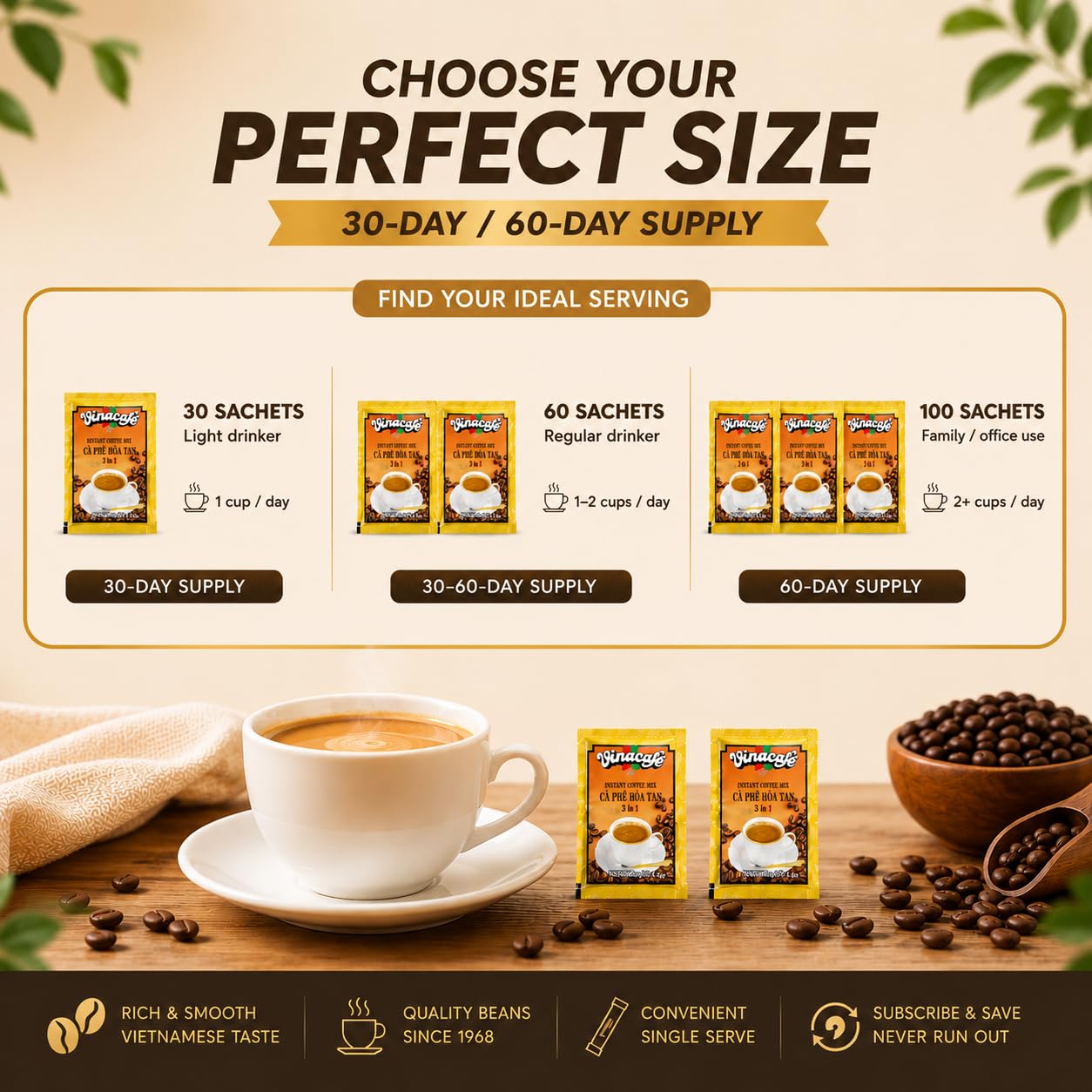 Vinacafe 400 Cts Vietnamese Instant Coffee Mix 3 in 1 Single Serves (Pack of 20 | 20 Sachets Per Bag) Balanced Medium Roast Coffee Mix for Quick