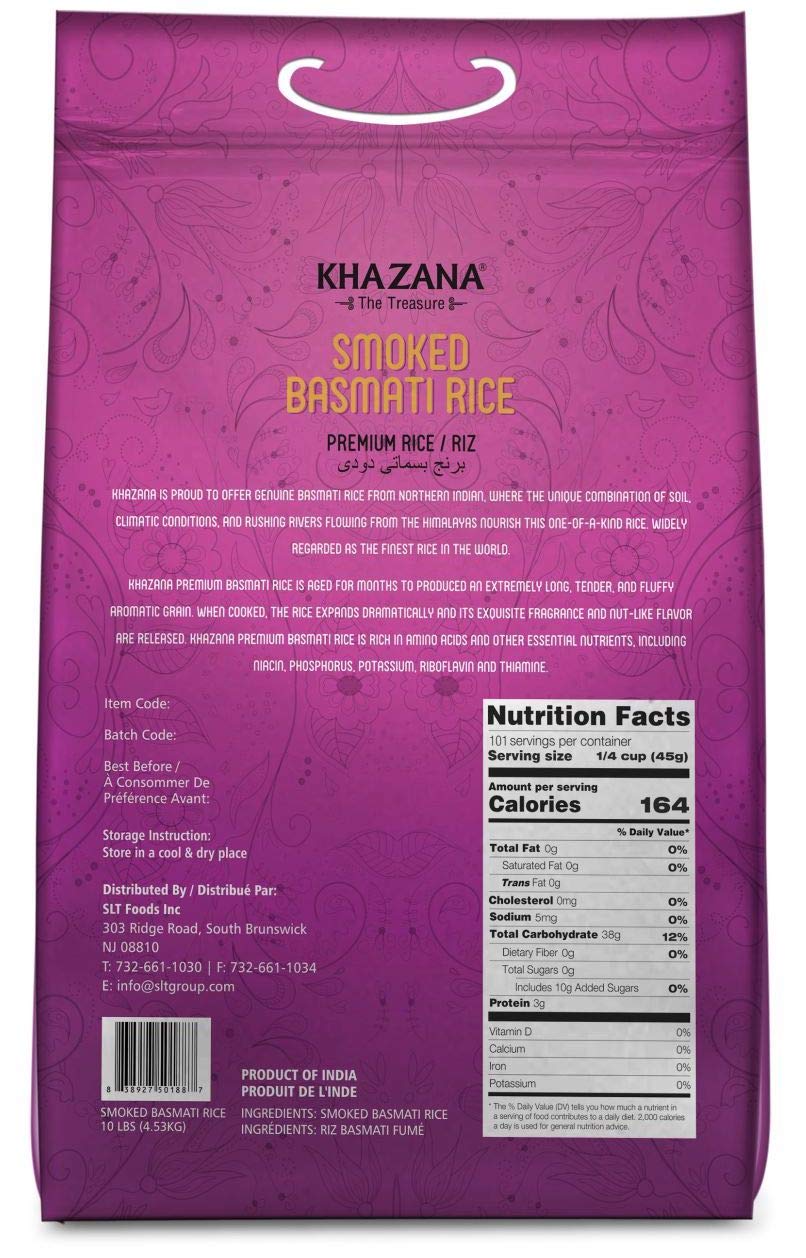 Authentic Smoked Basmati Rice by Khazana in 10 lb Bag - Aromatic and Flavorful Indian Grain - Non-GMO, Gluten Free, Kosher, Cholesterol Free